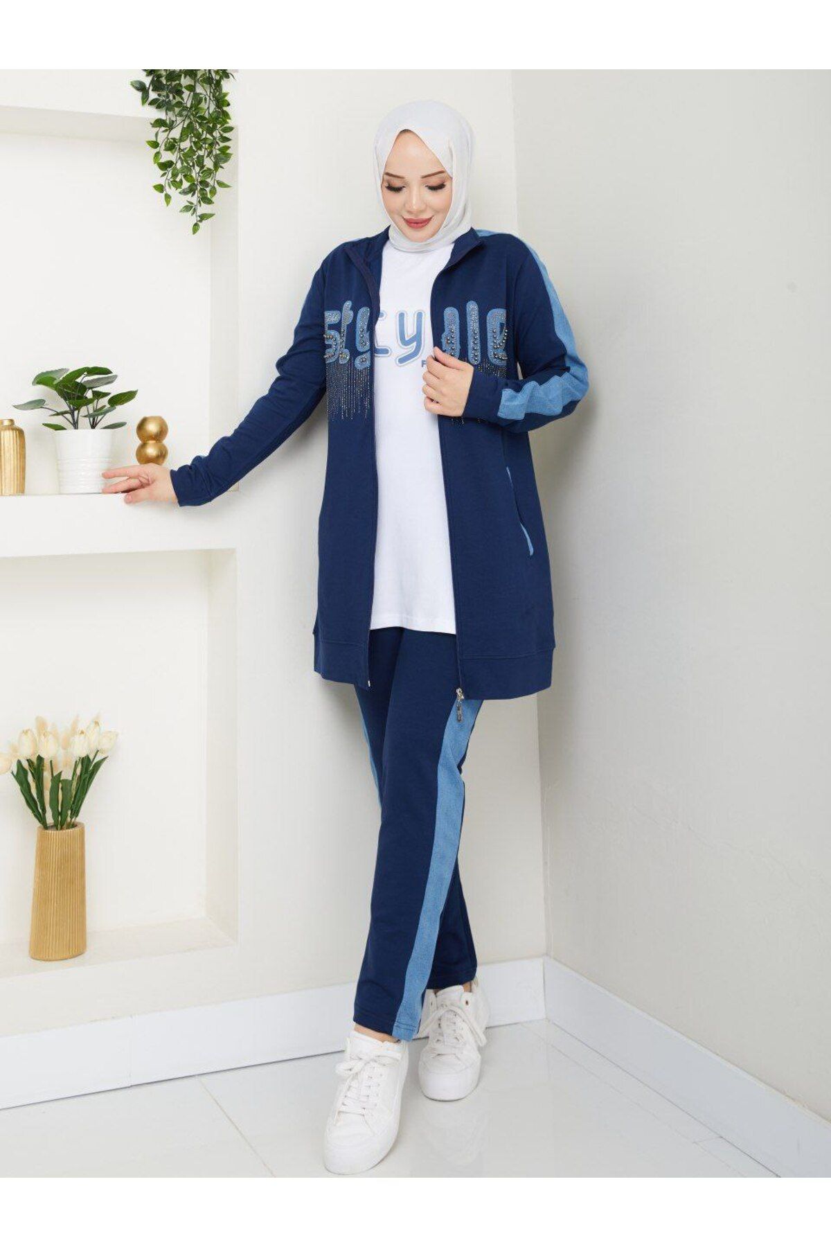 moda4b lü Spor Tesettür Takım - Pamuk ve Denim Detaylı Günlük Kombin'3 n-05442 _ laci