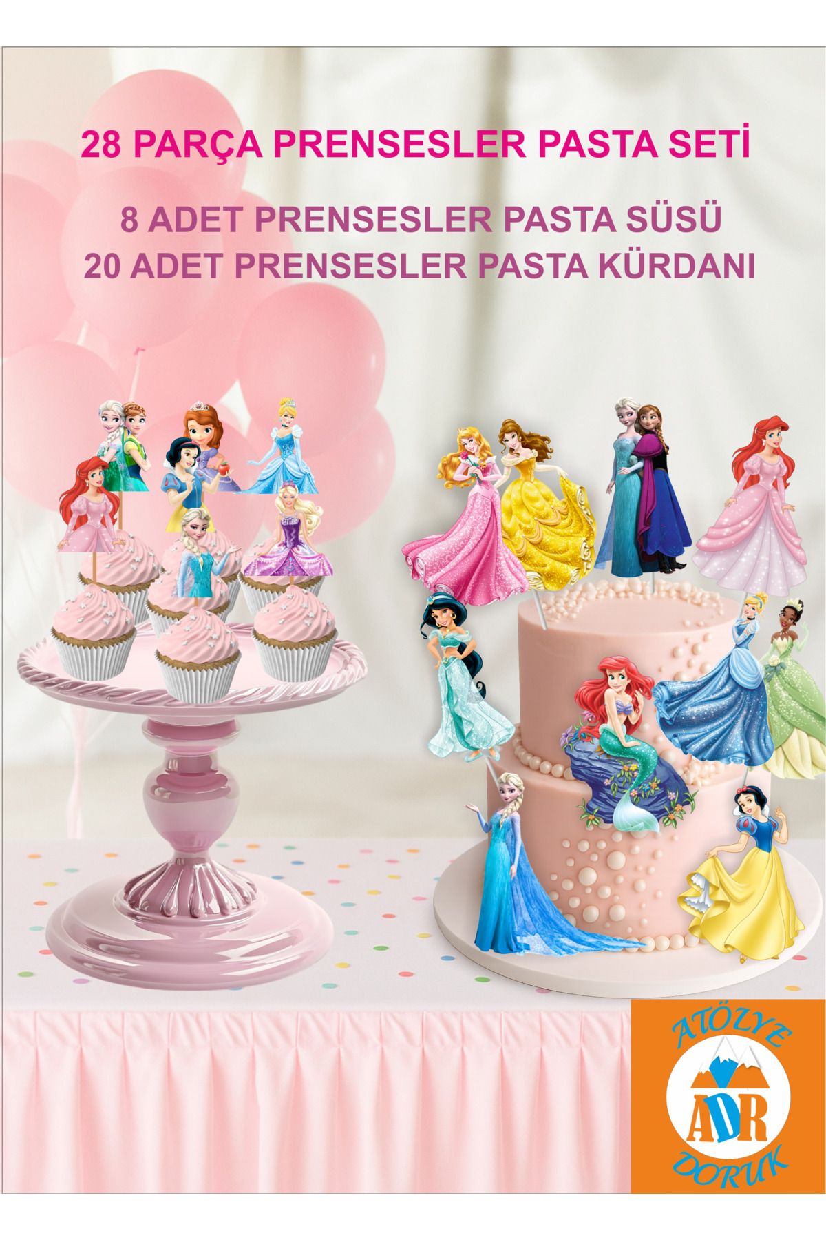 Atolye Doruk 28 PARÇA Prensesler Doğum Günü Parti Seti-Çubuklu Pasta Süsü-Prenses Pasta Kek Kürdanı