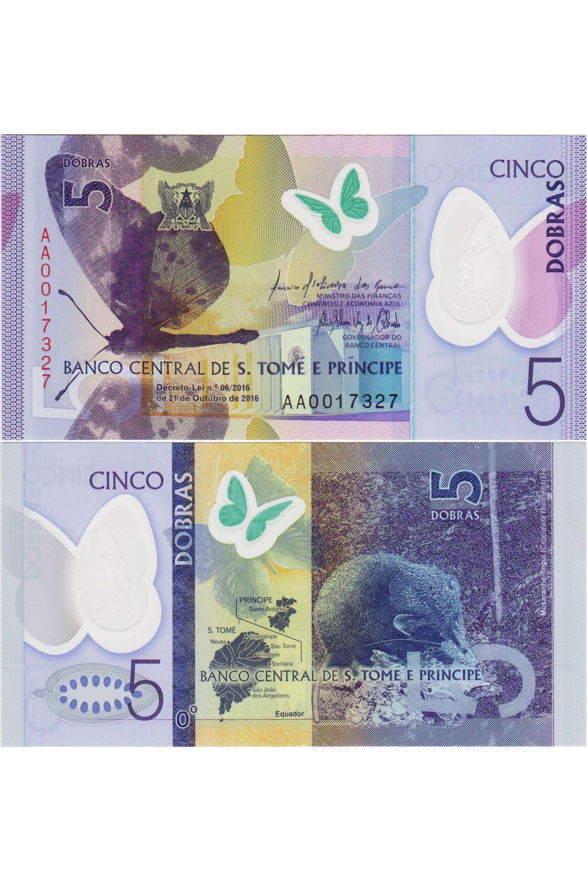 Banknoting SAO TOME VE PRİNCİPE 5 DOBRA 2016 POLYMER. AA SERİSİ DÜŞÜK NO AA 0017327. ÇİL KONDİSYON.