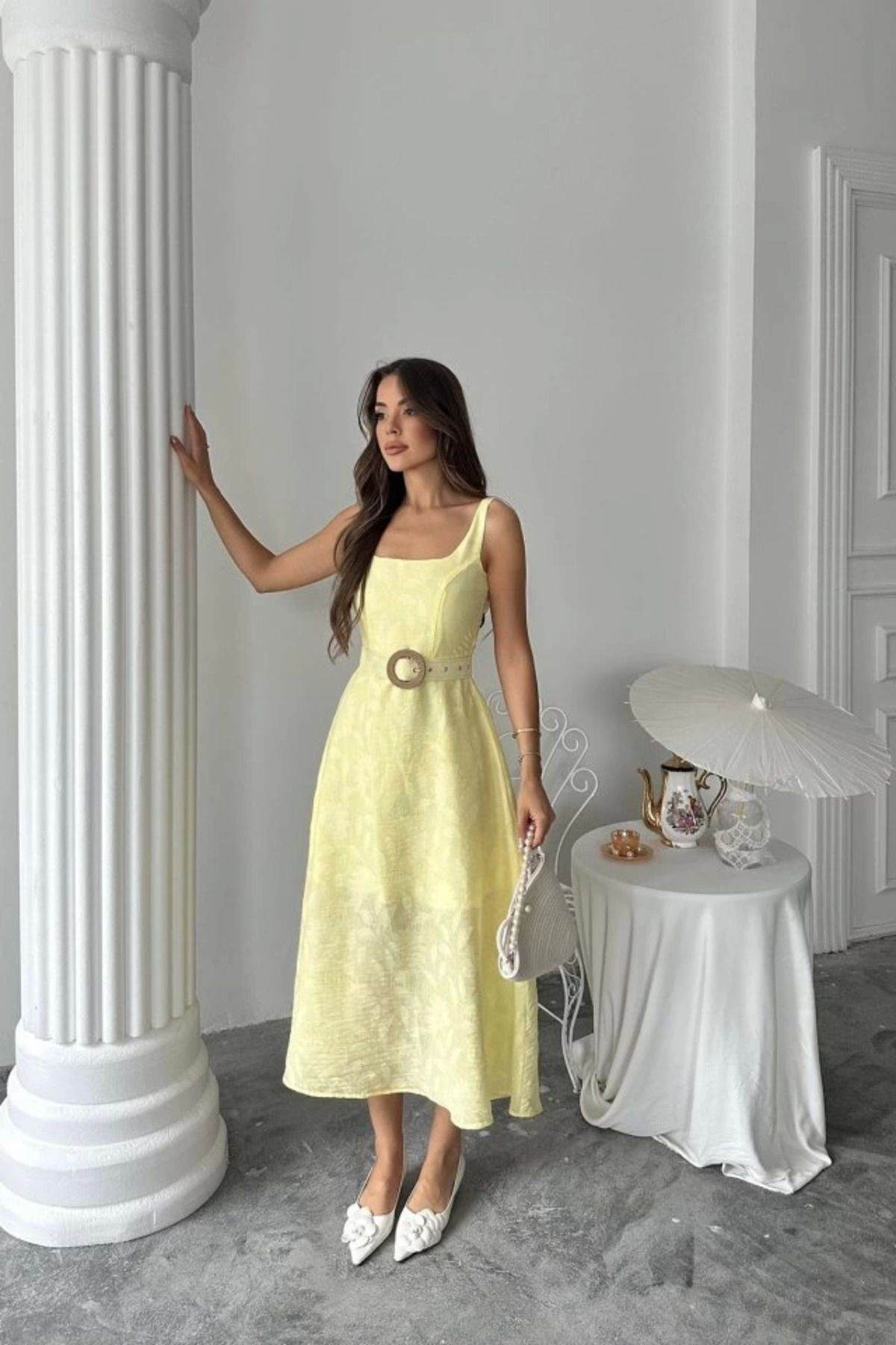 Omarı Sarı Kuplu Uzun Elbise