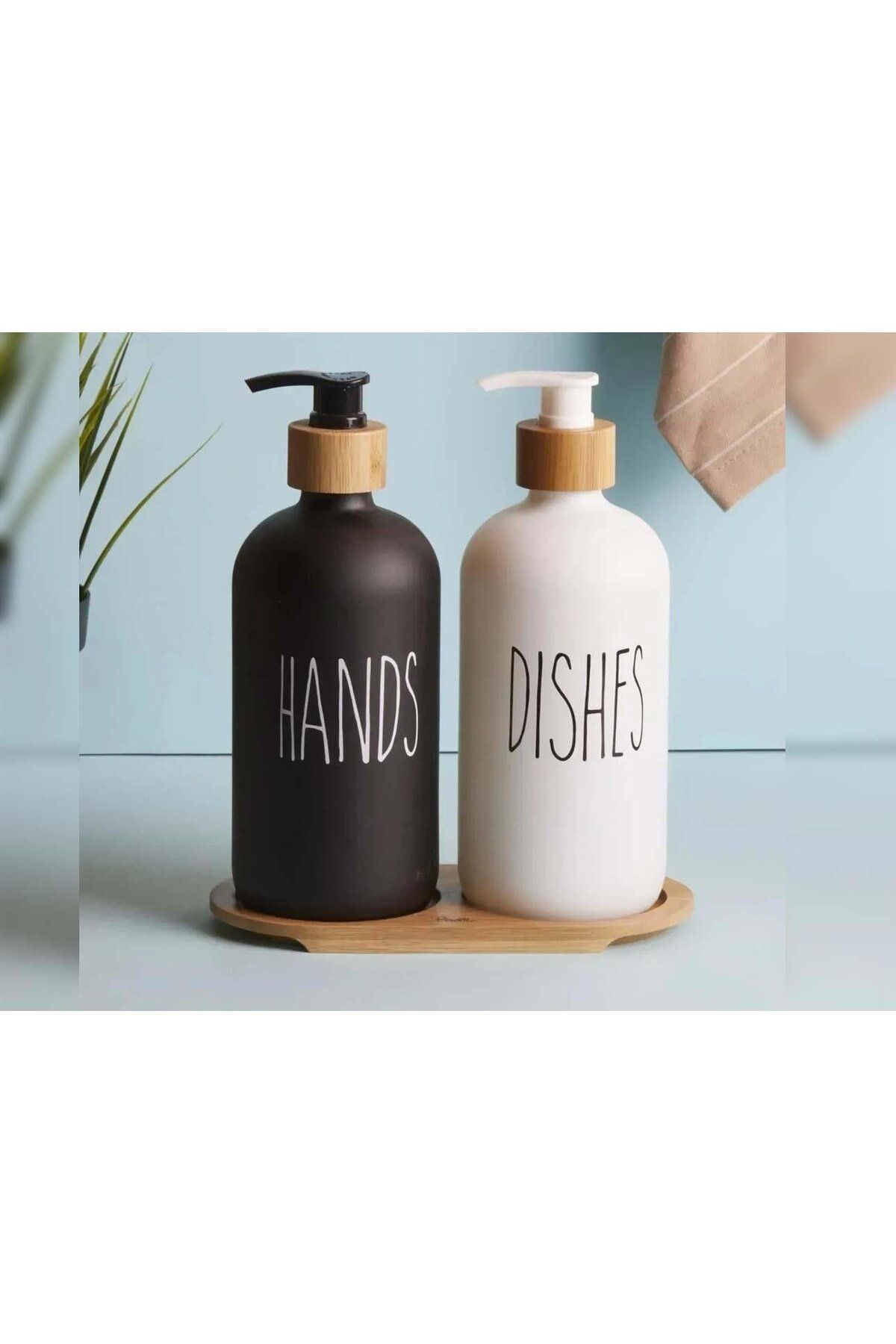 saf yıldız 2’li SİYAH-BEYAZ MUTFAK SIVI SABUNLUK SETİ 500 ML BAMBU TEPSİ HEDİYELİ HANDS&DISHES