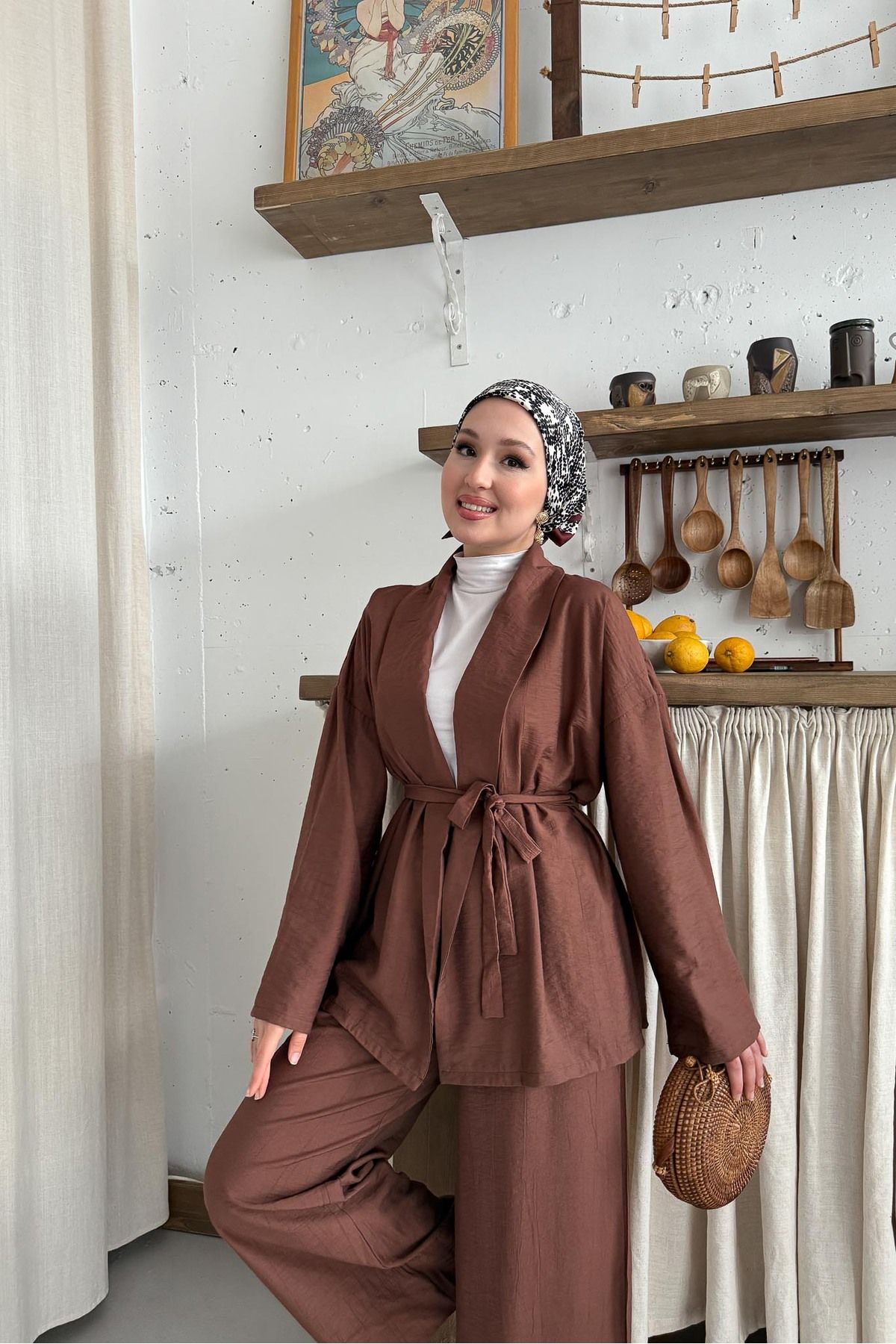 Rimel Moda Mishel Kimono Takım Kahverengi