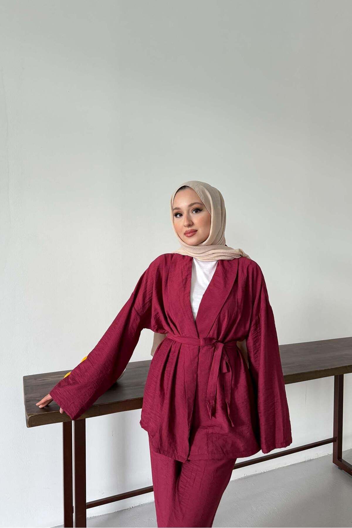 Rimel Moda Mishel Kimono Takım Bordo
