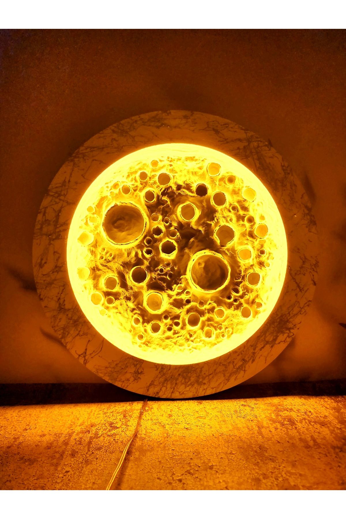 glow moon Dolunay tablo/ Amber Işıklı Ay Figürlü Gece Lambası | Mermer Desenli Dekoratif LED Lamba