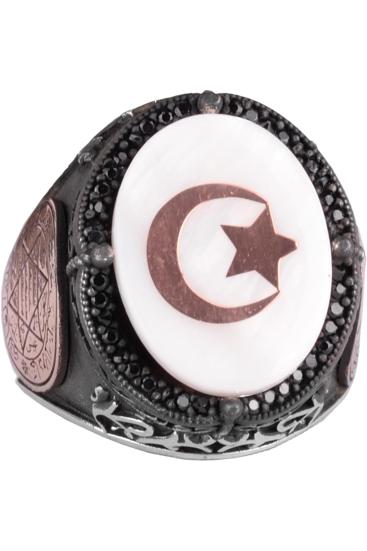 KAMBO El Yapımı Desenli Yüzük - 925 Ayar Gümüş Erkek Yüzüğü - Davut Yıldızı Takısı (Yıldız ve Hilal)