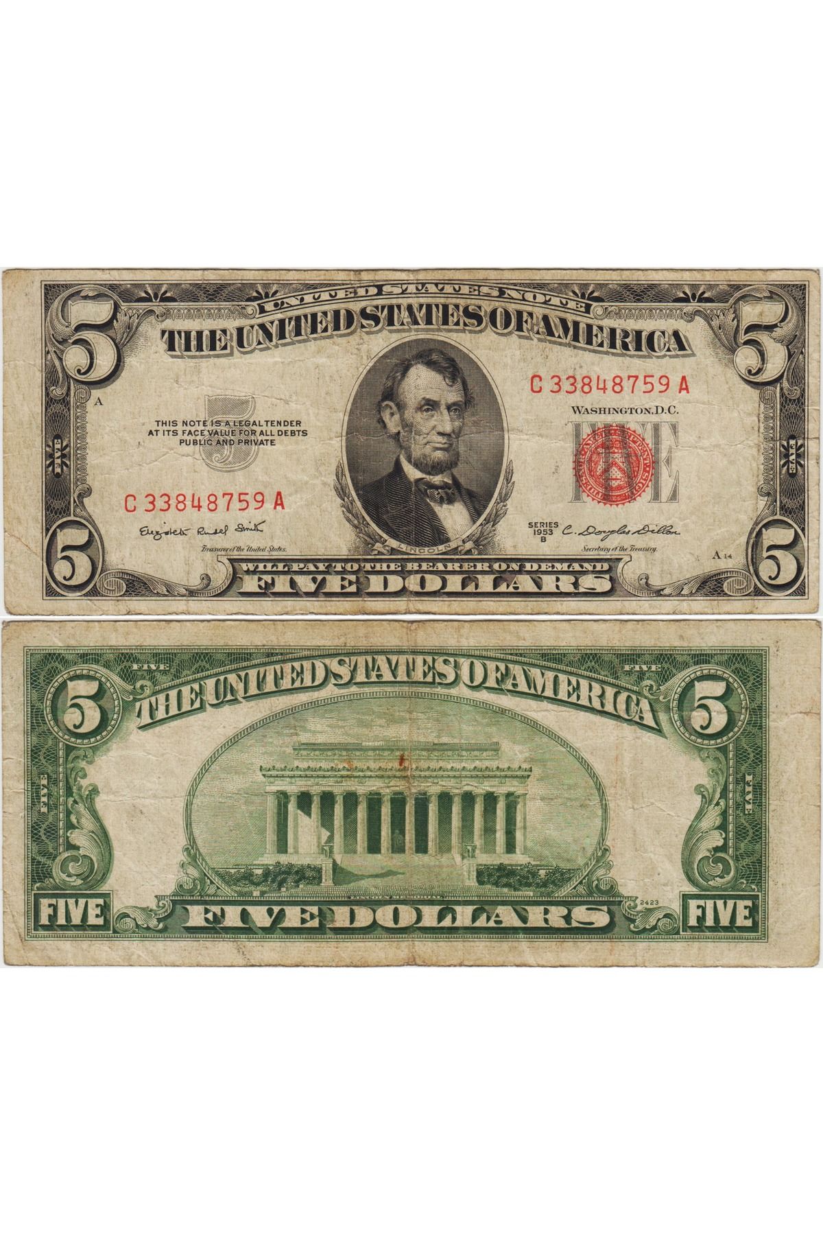 Banknoting AMERİKA 5 DOLAR 1953 B KIRMIZI MÜHÜR. HATALI BASIL-ERRÖR-SOLDAN GENİŞ SAĞDAN KISA KESİM. TEMİZ+