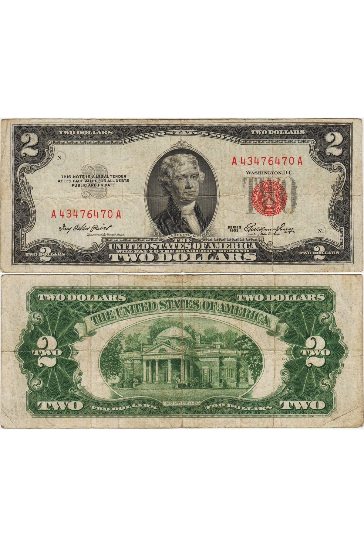 Banknoting AMERİKA BİRLEŞİK DEVLETLERİ 2 DOLAR 1953 KIRMIZI MÜHÜR. TEMİZ KONDİSYON.2