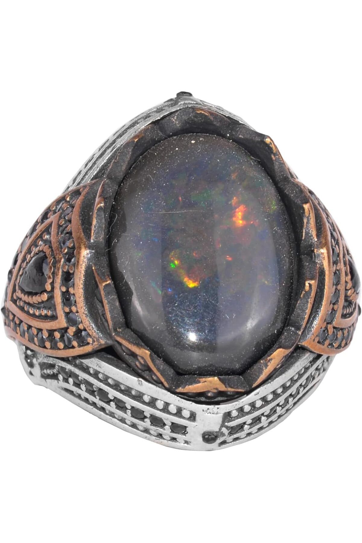 KAMBO 925 Ayar Gümüş Erkek Yüzük - Doğal Opal - Bronz Kaplama Detaylar - El Yapımı Dikkat Çekici Parça