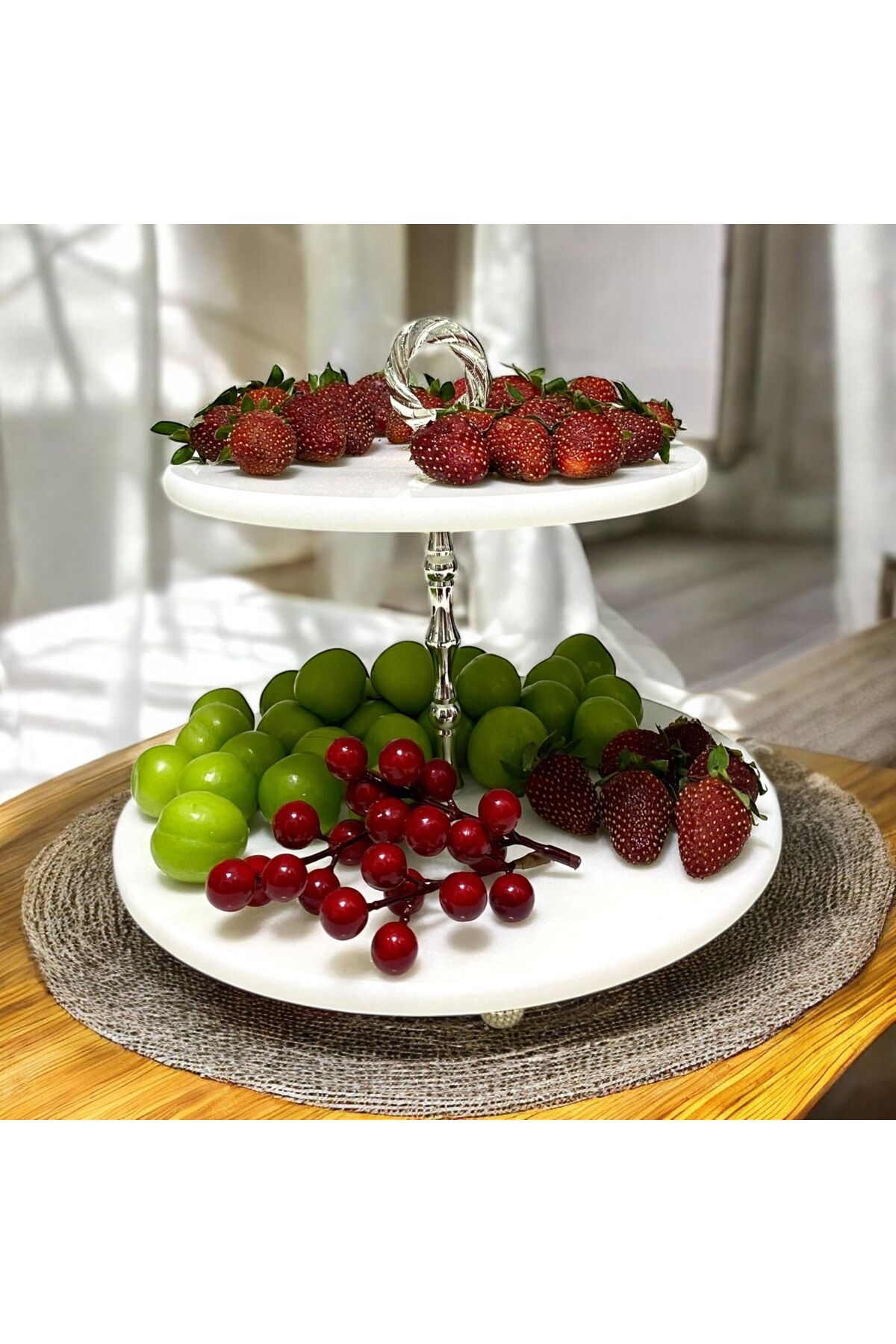 THK STORE Mermer Kurabiyelik& Pastalık,Dekoratif 2 Katlı Sunumluk Doğal Taş