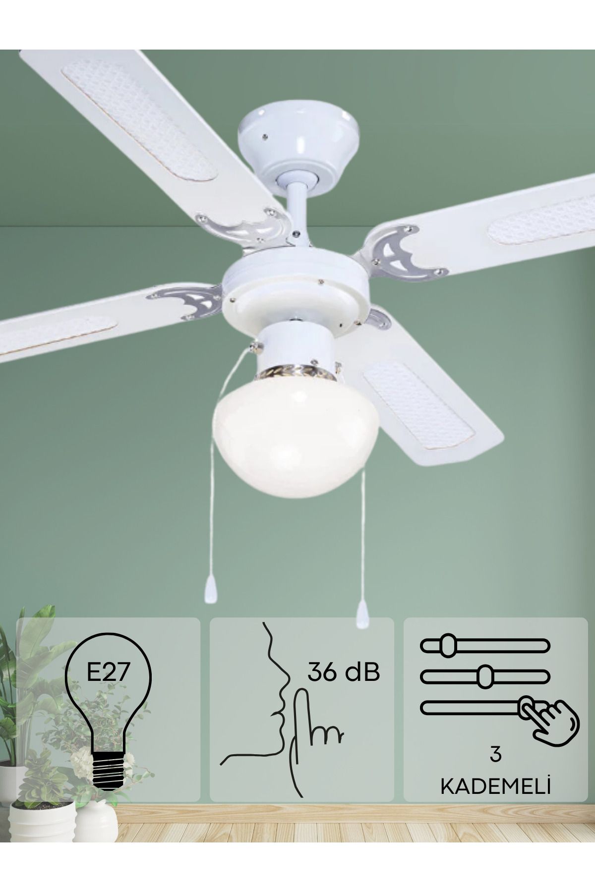 GOOD HOME Aydınlatmalı Tavan Vantilatörü 107 Cm Beyaz Kanat
