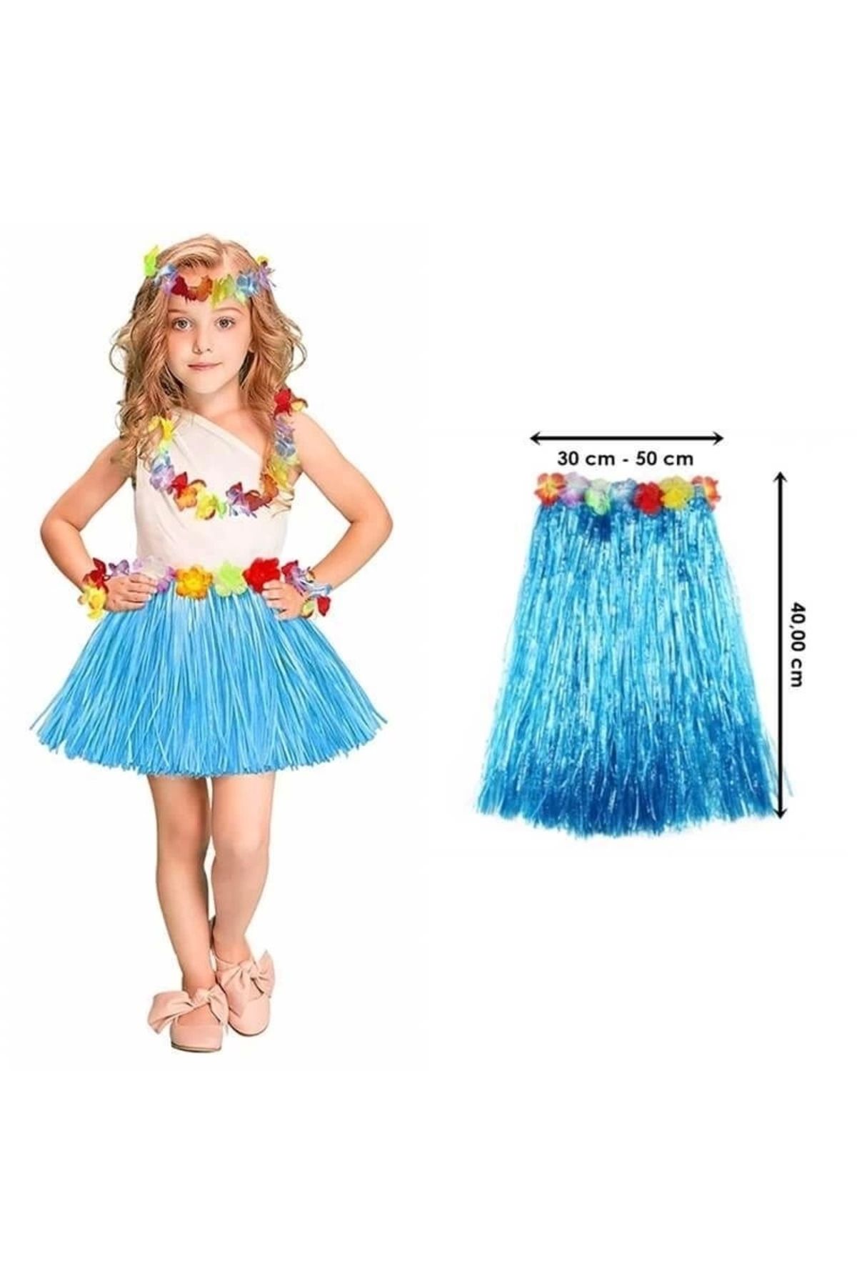 Nemere Yetişkin ve Çocuk Uyumlu Mavi Renk Püsküllü Hawaii Luau Hula Etek 40 cm
