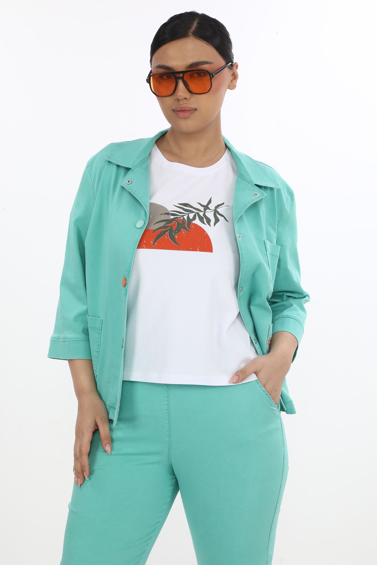 EXİTLİNE Kadın Üçlü Yazlık Açık Yeşil Takım Ceket Pantolon Tshirt