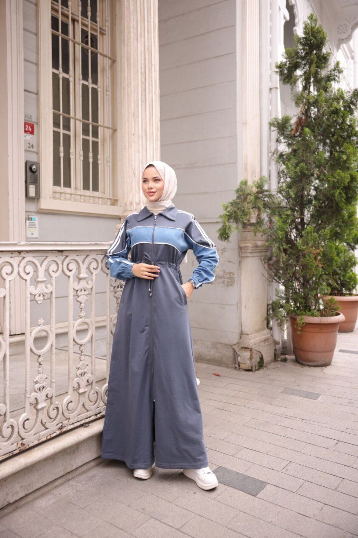 moda4b Kadın Kapşonlu Kot Detaylı Spor Kap – Pamuklu Rahat Tesettür Mont n-05441 _ Gri