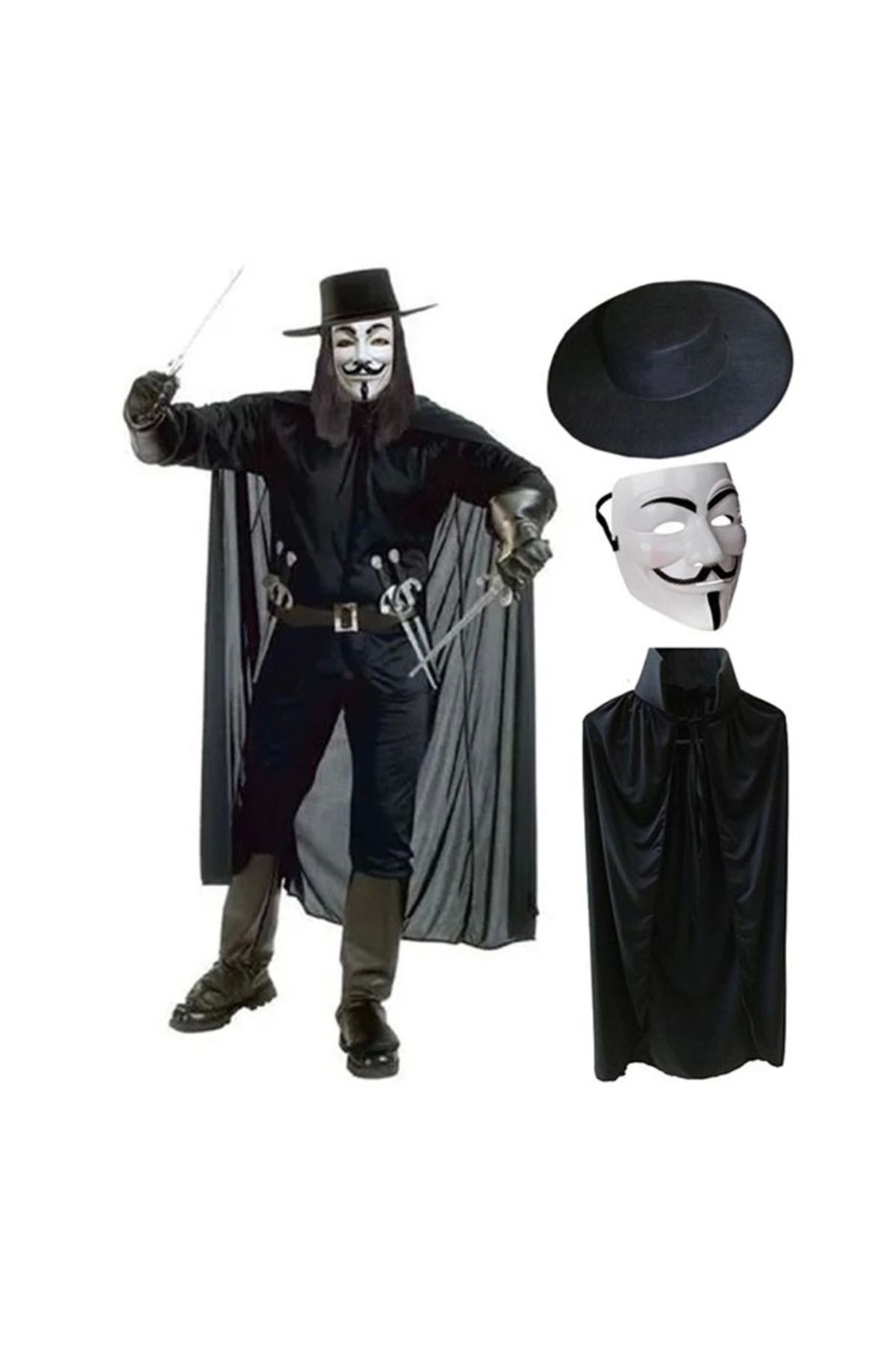 Nemere V For Vendetta Maskesi Şapkası ve Pelerin Kostüm Seti Yetişkin Boy