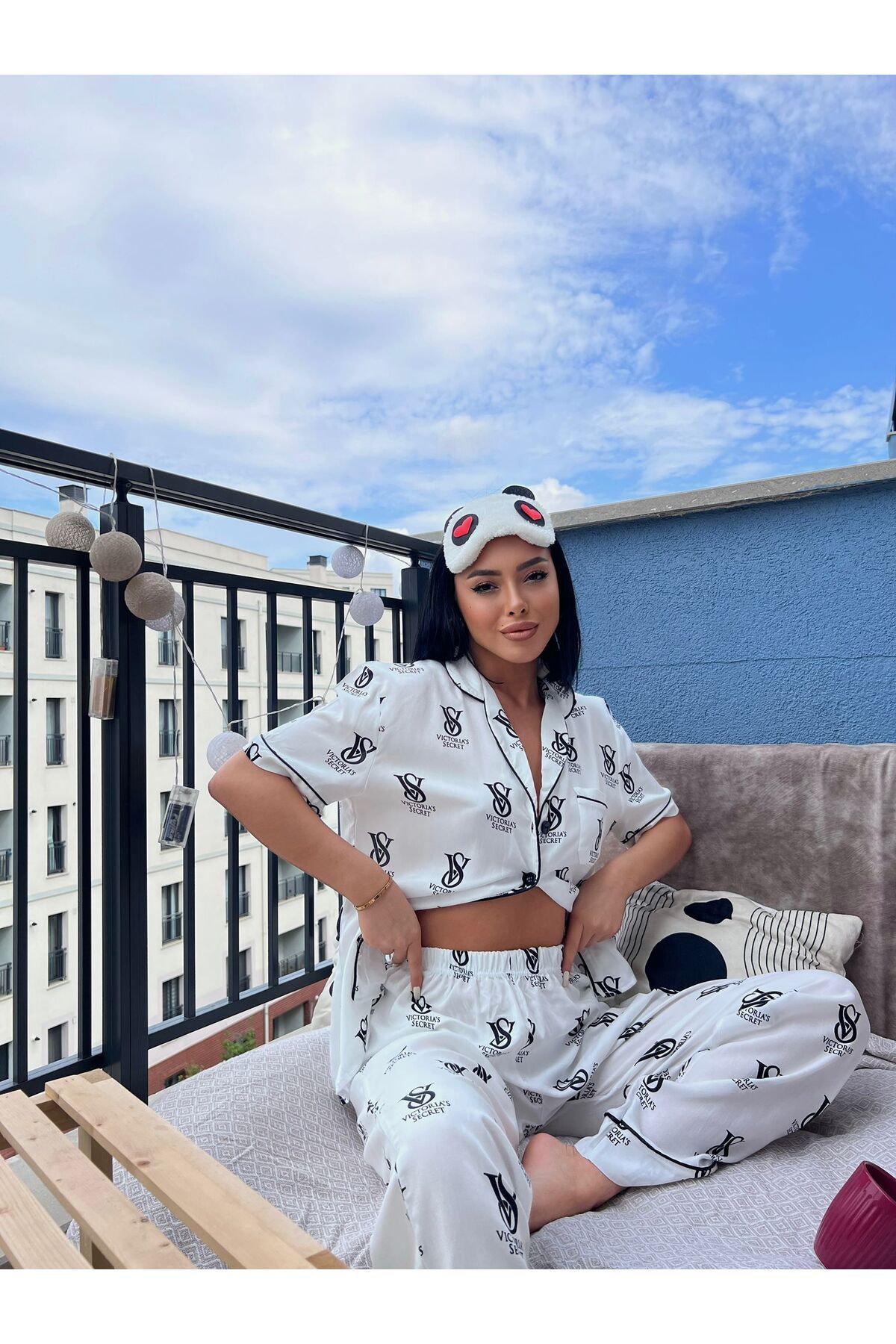 FENZO Kadın Kısa Kollu Pijama Takım Beli Lastikli Pamuklu Düğmeli Desenli