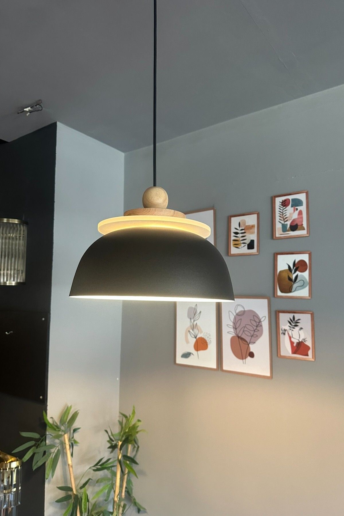 Bamyum Revola Siyah Tekli Avize Ahşap Boncuk Başlık Iç Mekan Aydınlatma Dekoratif Mutfak Cafe Salon