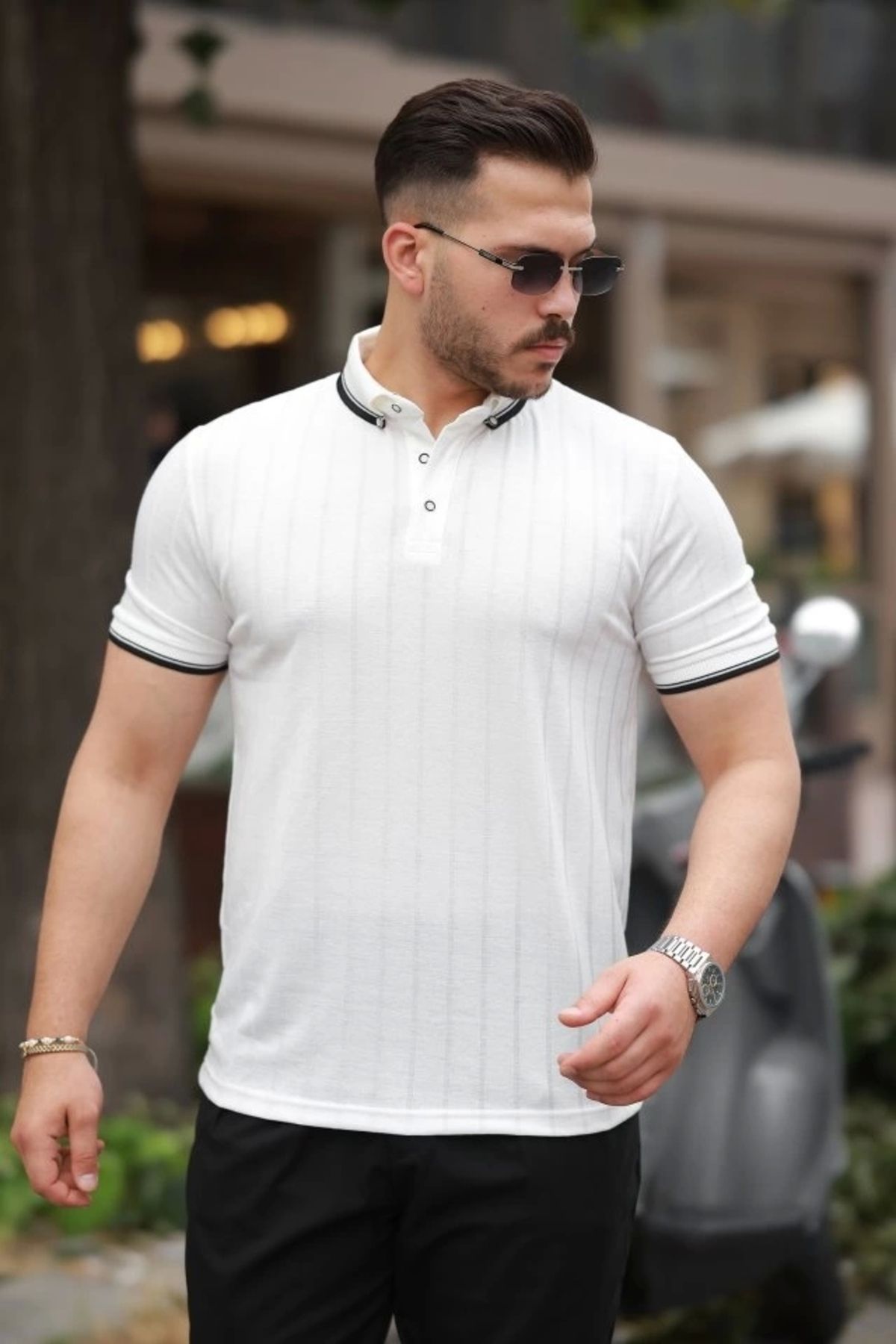 Butik Erkek Düğme Yakalı Jakar Kumaş Kısa Kollu Tişört