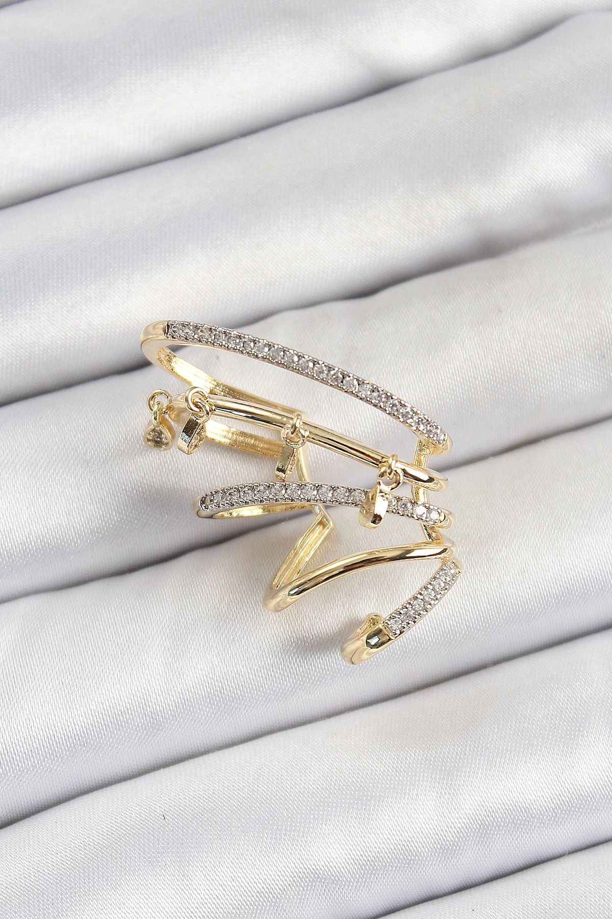 GLIMMERY Pirinç Zirkon Taşlı Sıkıştırma Sağ Kıkırdak Gold Renk Kadın Küpe