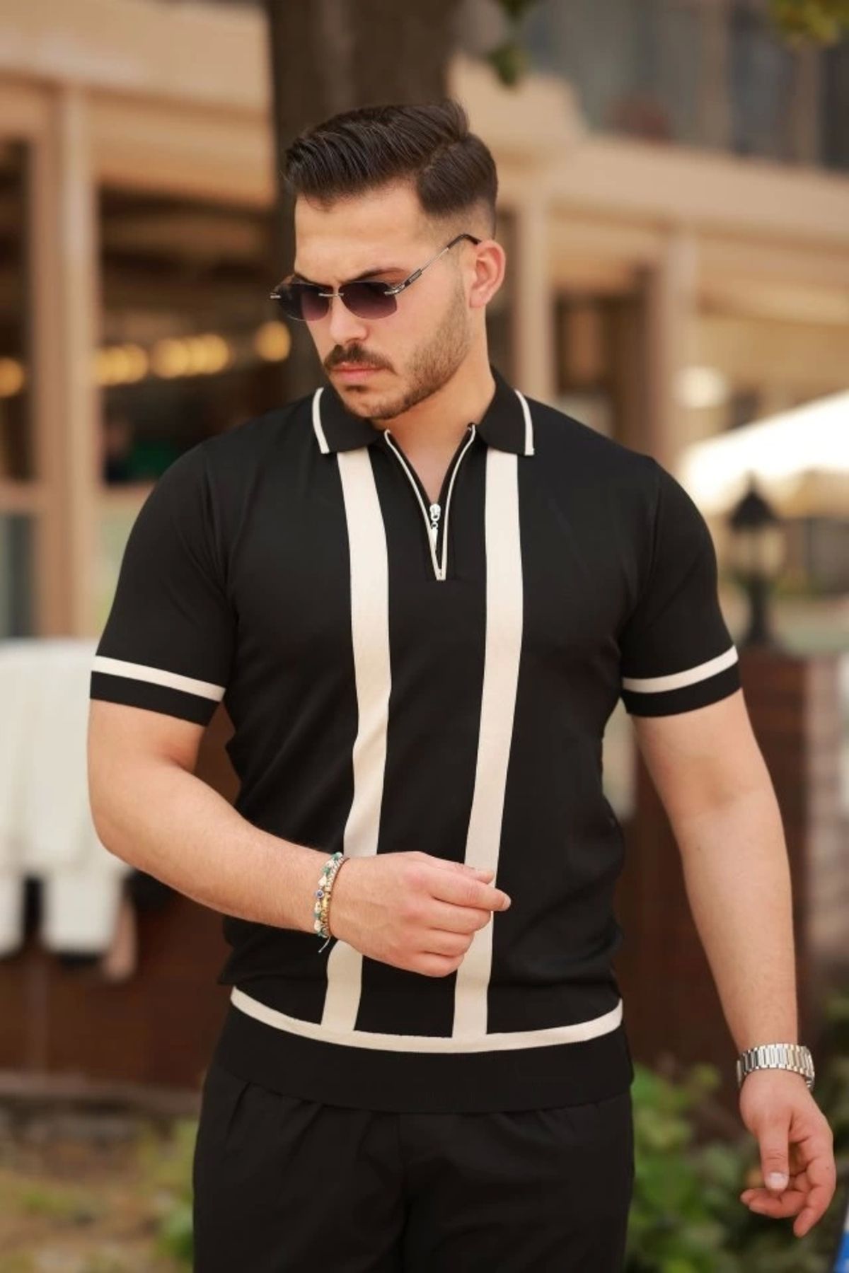 Butik Erkek Fermuar Yakalı şerit Detaylı Kısa Kollu Tişört