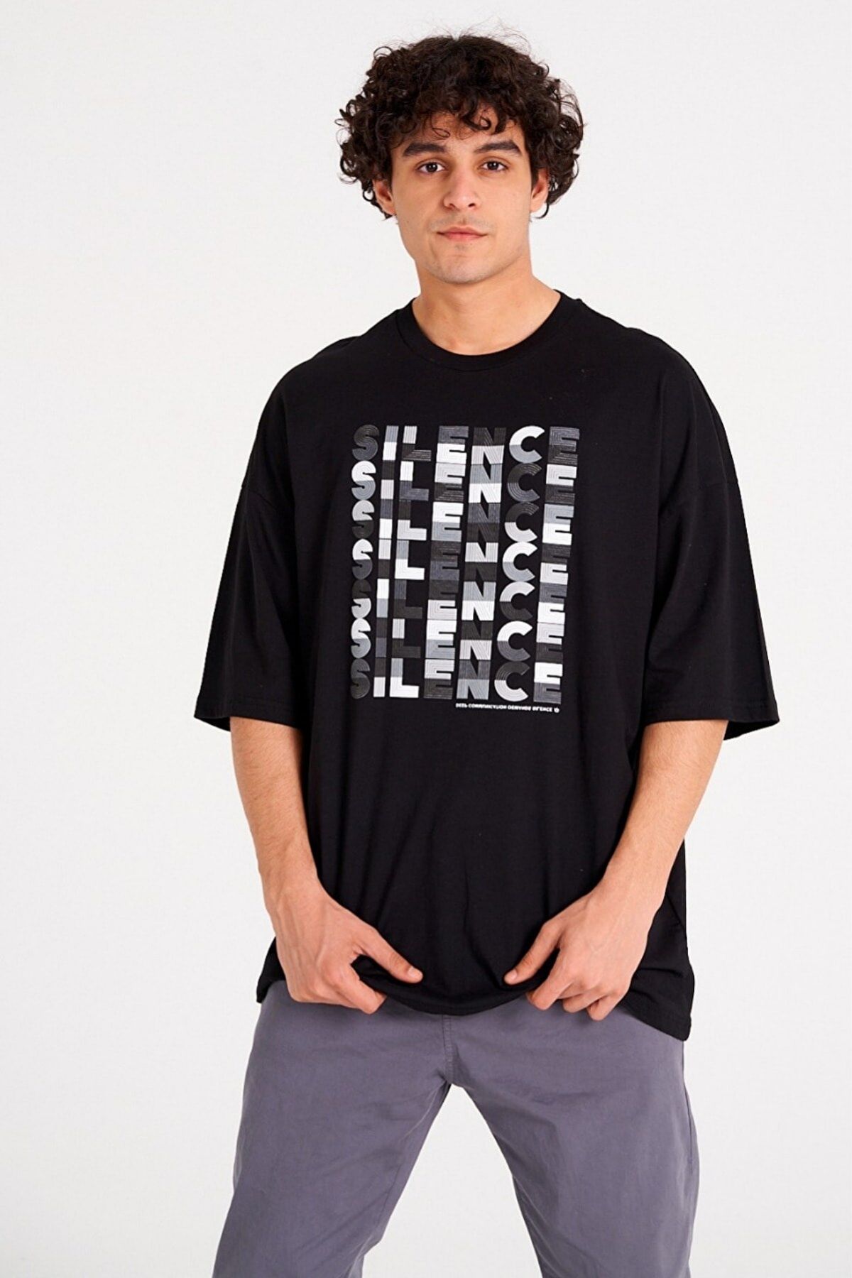 Chirkef Unisex Oversize 100% Pamuk Premium Kumaş Baskılı Bisiklet Yaka Sokak Stili T-Shirt Silence