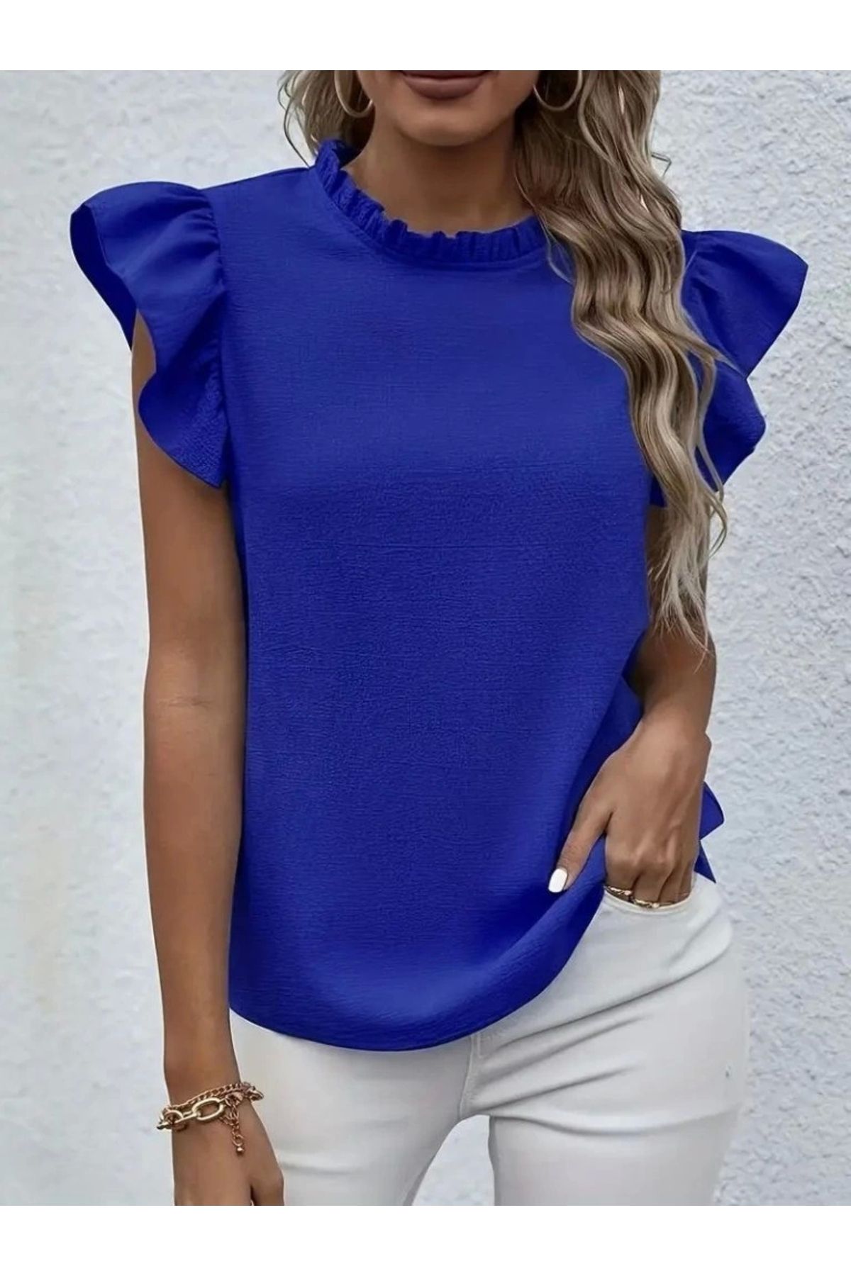 Butik Kadın Kısa Kollu Fırfır Yakalı Bürümcük Bluz