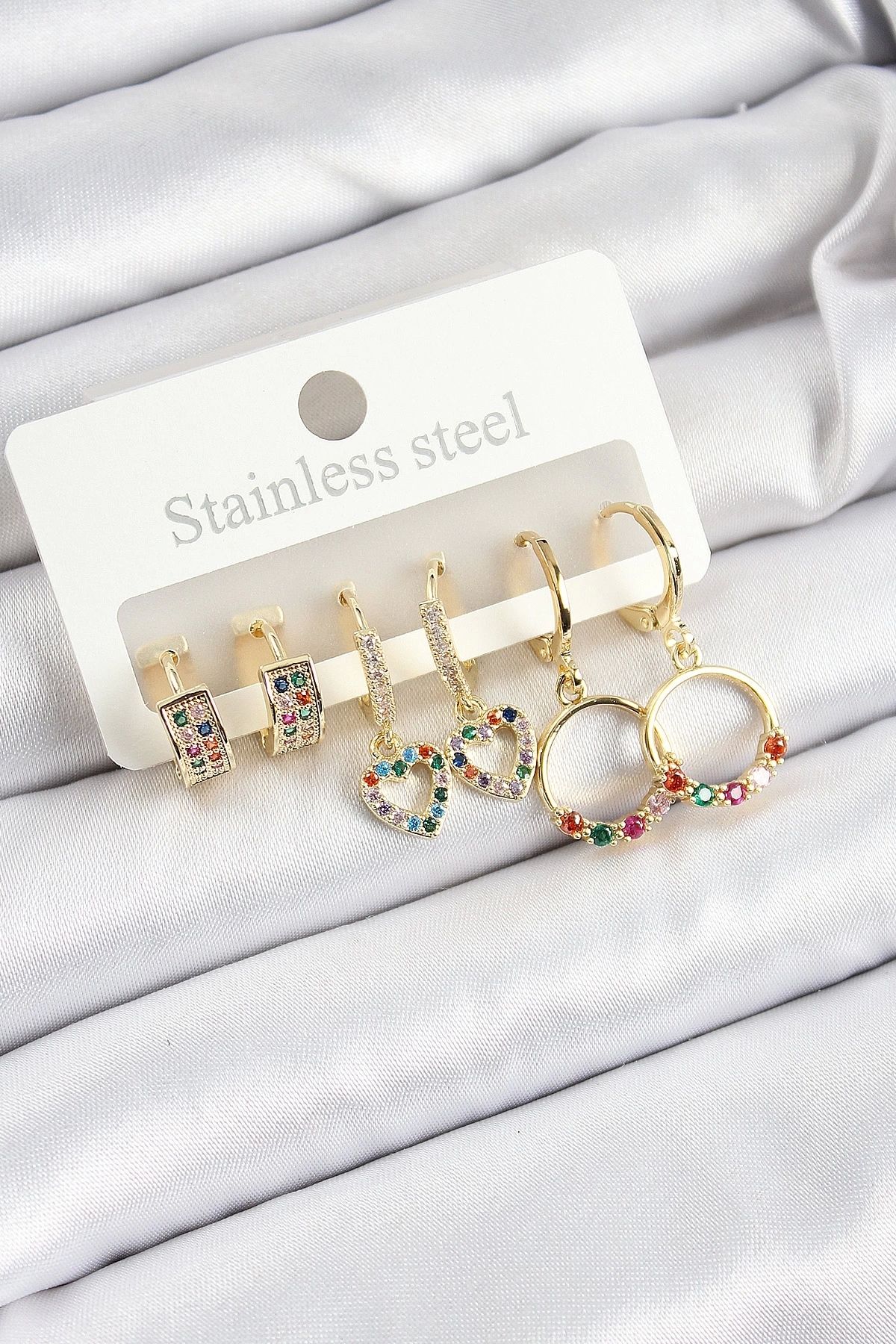 GLIMMERY Pirinç Zirkon Taşlı Kalp Ve Halka Model Gold Renk 6'lı Set Kadın Küpe