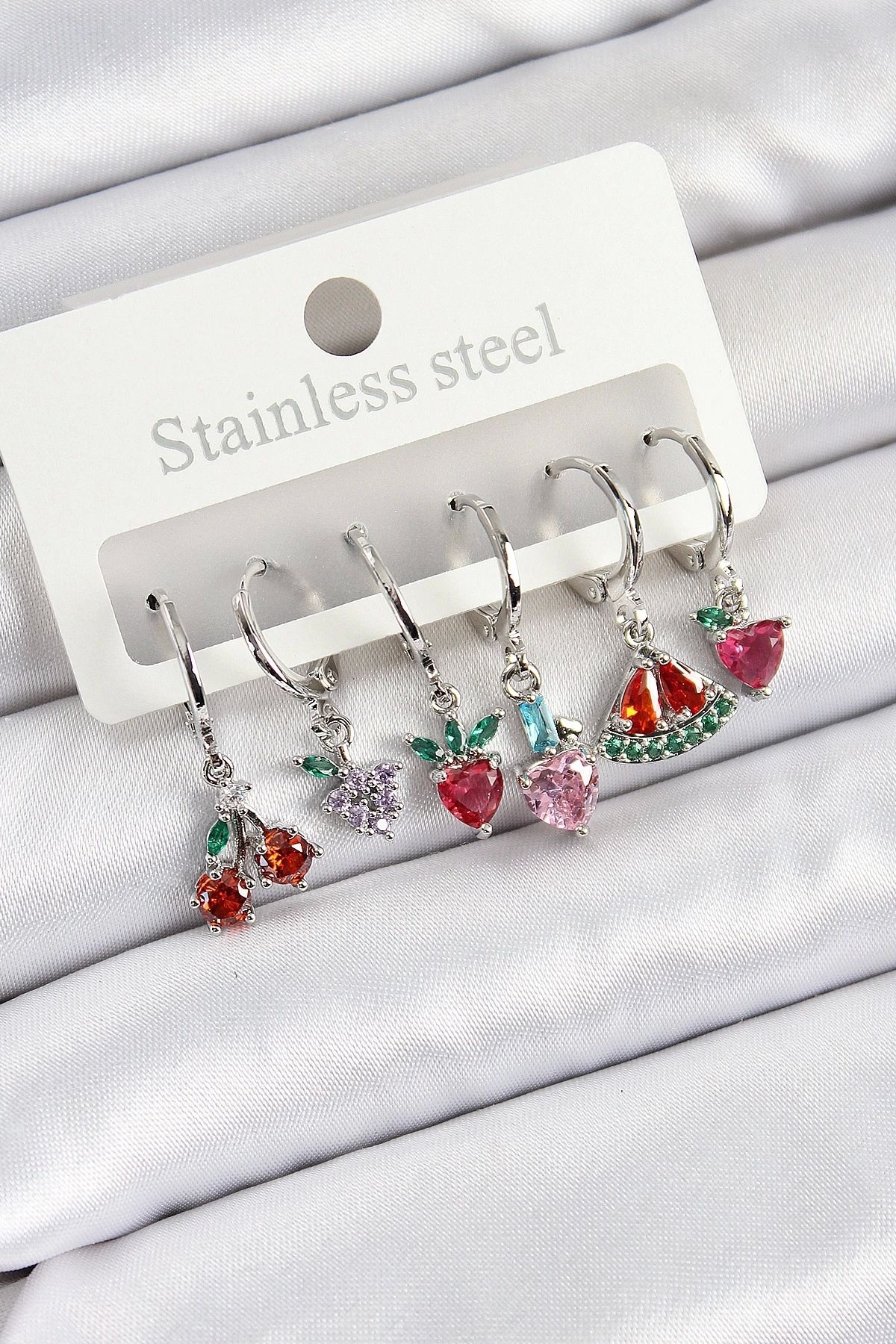 GLIMMERY Pirinç Zirkon Taşlı Karpuz Yonca Kalp Pusula Karışık Model Gümüş Renk 6'lı Set Kadın Küpe