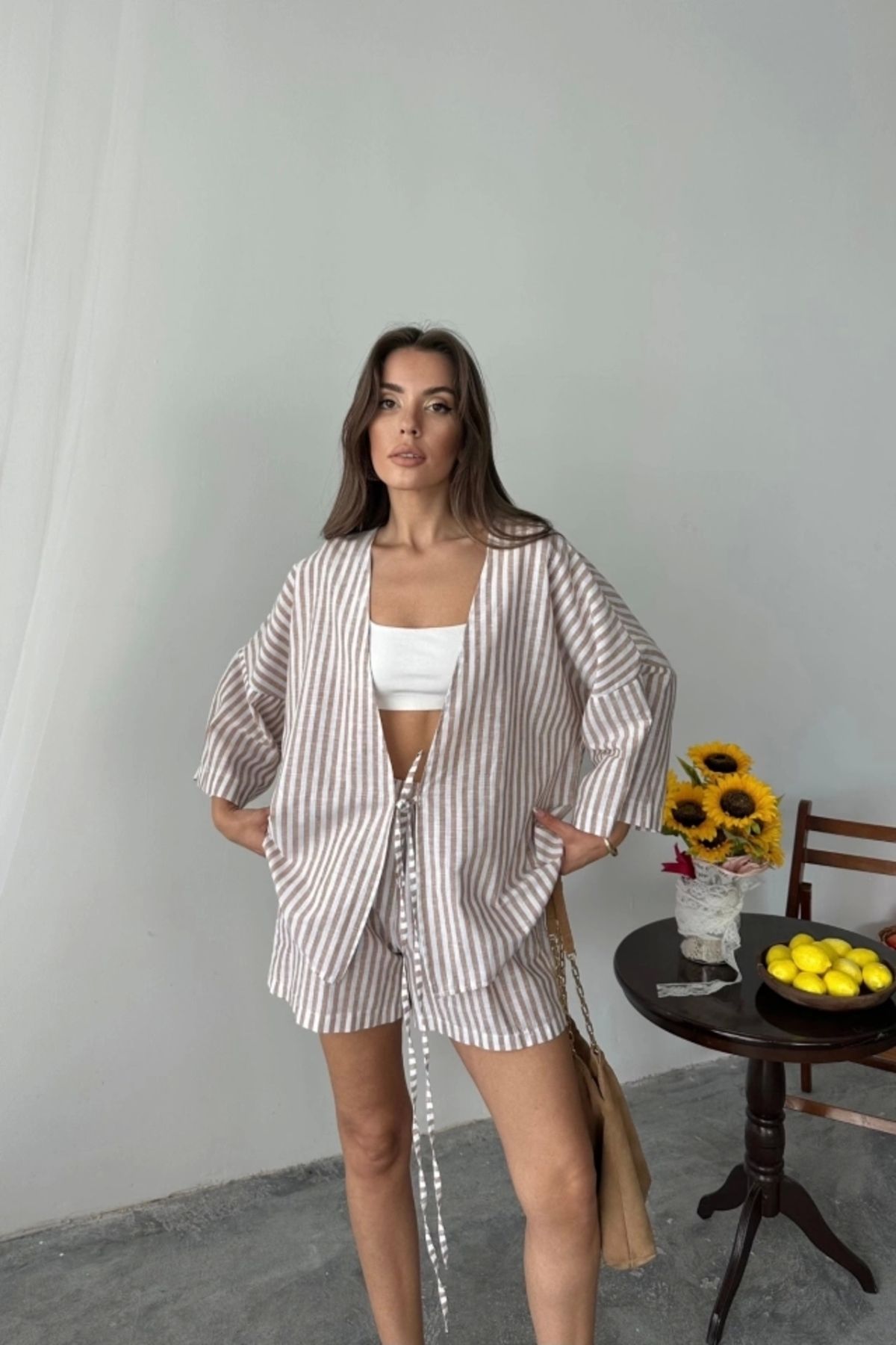 Butik ÇİZGİLİ TUNİK - ŞORT TAKIM - Bej