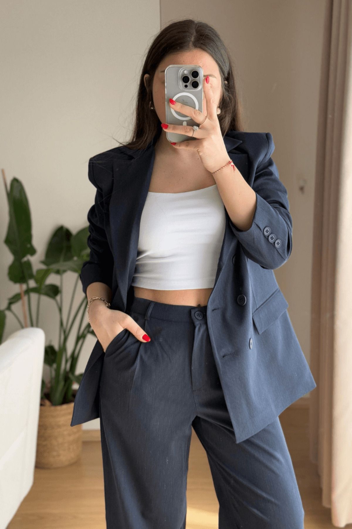 SEHOCO BUTİK Lacivert İnce Çizgili Blazer-Pantolon Takım