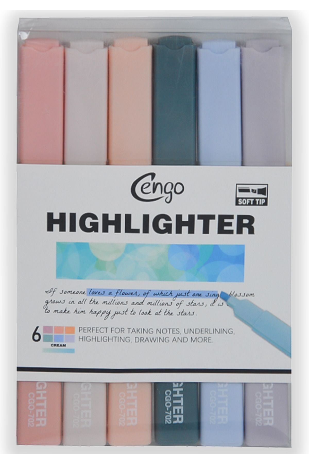 Cengo Kare Tipi Highlighter Fosforlu Kalem Cream Renkler 6lı Set CGO702