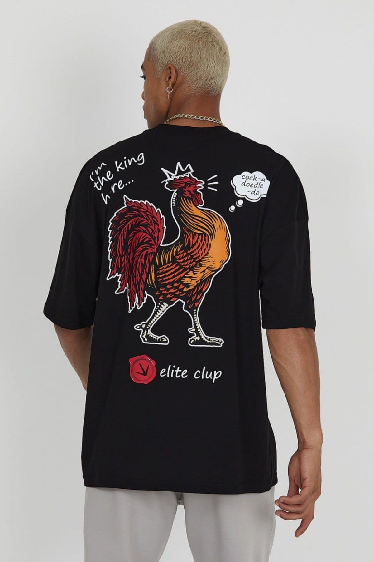 Chirkef Unisex Oversize 100% Pamuk Premium Kumaş Sırt Baskılı Bisiklet Yaka Sokak Stili T-Shirt Elite Club