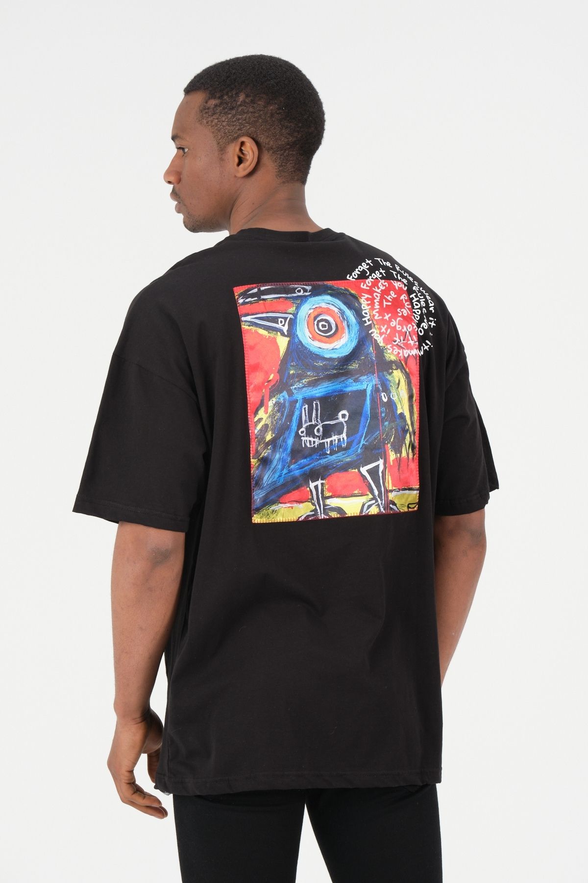 Chirkef Unisex Oversize 100% Pamuk Aplike Yama Sırt Baskılı Bisiklet Yaka Sokak Stili T-Shirt Forget Rules