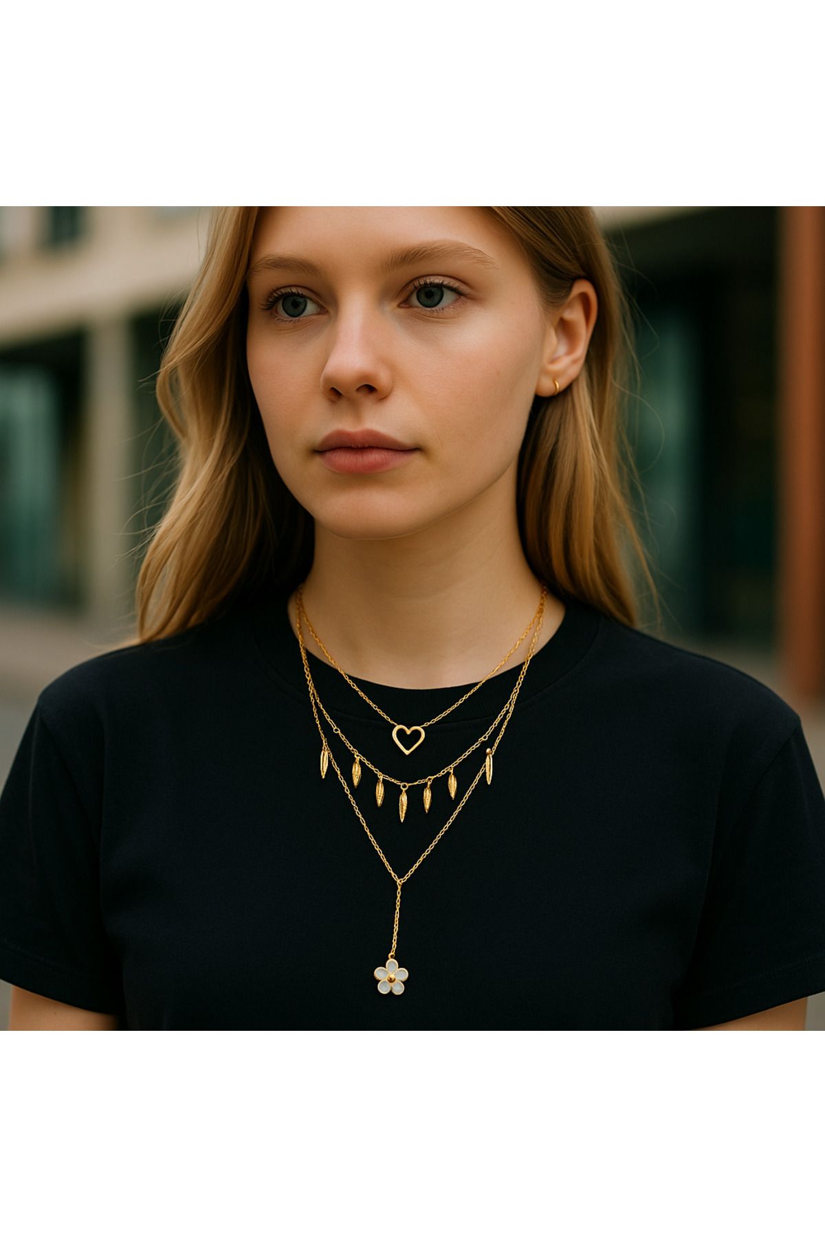 SNGW Üç Katlı Sembollü Altın Kaplama Kolye Seti | SNGL ACCESSORIES