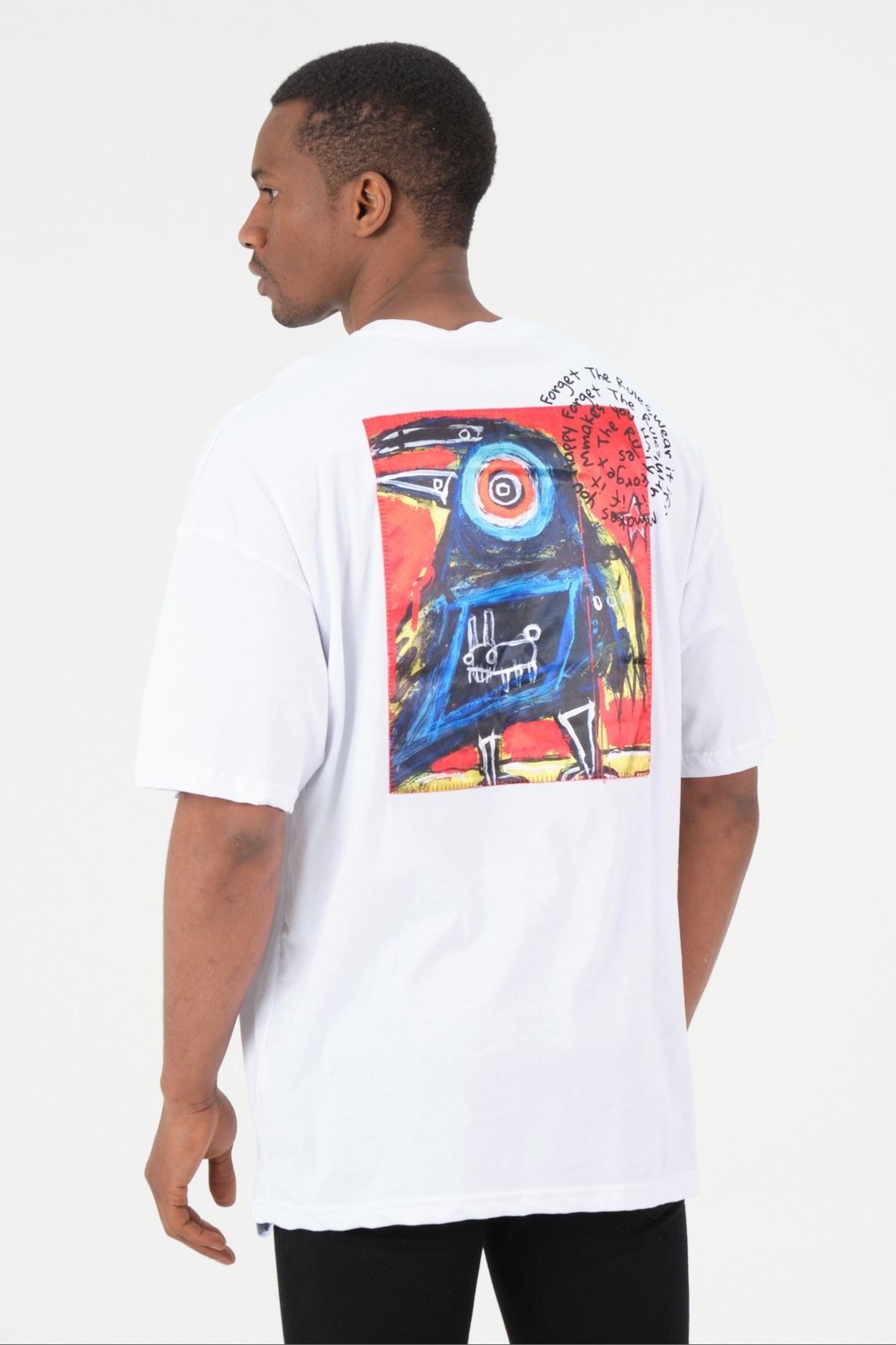 Chirkef Unisex Oversize 100% Pamuk Aplike Yama Sırt Baskılı Bisiklet Yaka Sokak Stili T-Shirt Forget Rules