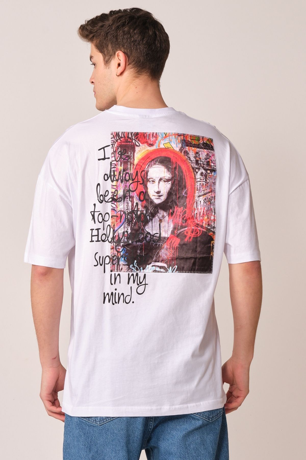 Chirkef Unisex Oversize 100% Pamuk Aplike Yama Sırt Baskılı Bisiklet Yaka Sokak Stili T-Shirt Mona Lisa