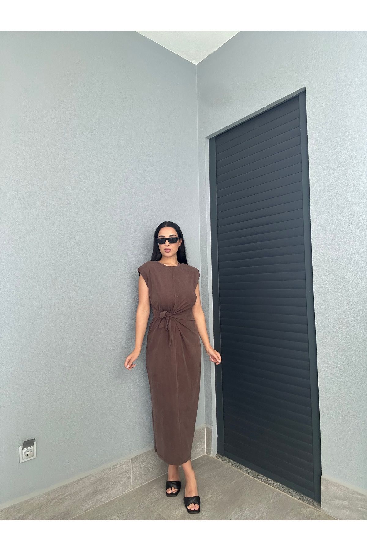 NurKaraBoutique Modal Kumaş Kahverengi Rahat Elbise