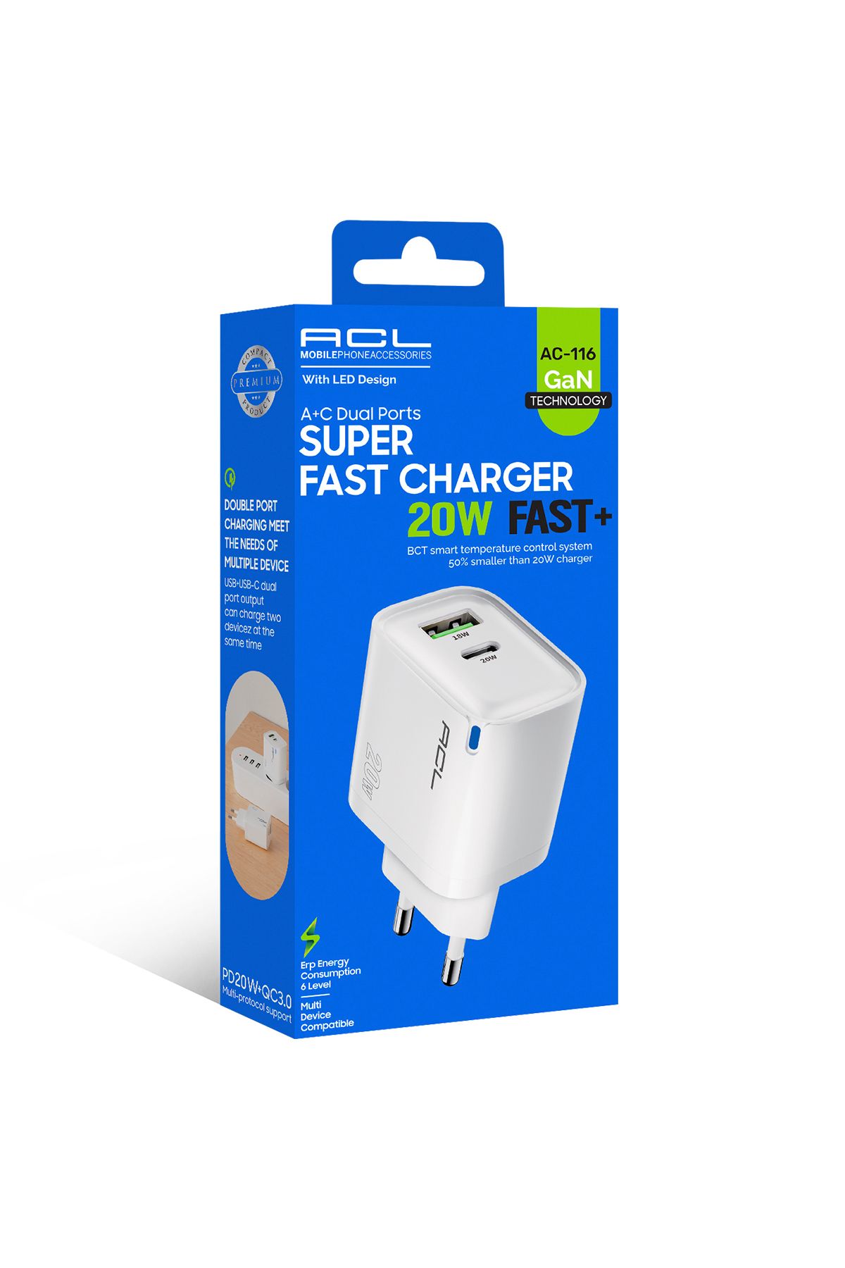 ACL Ac-116 20w Gan Teknolojili Çift Usb Type-c Süper Hızlı Şarj Adaptörü | Pd20w Qc3.0 Destekli