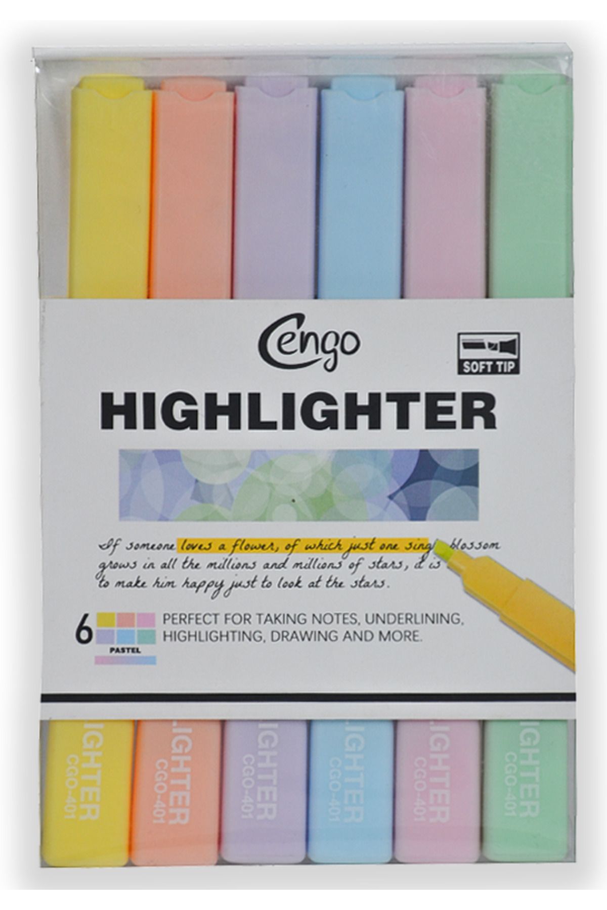 Cengo Kare Tipi Highlighter Fosforlu Kalem Pastel Renkler 6lı Set CGO401
