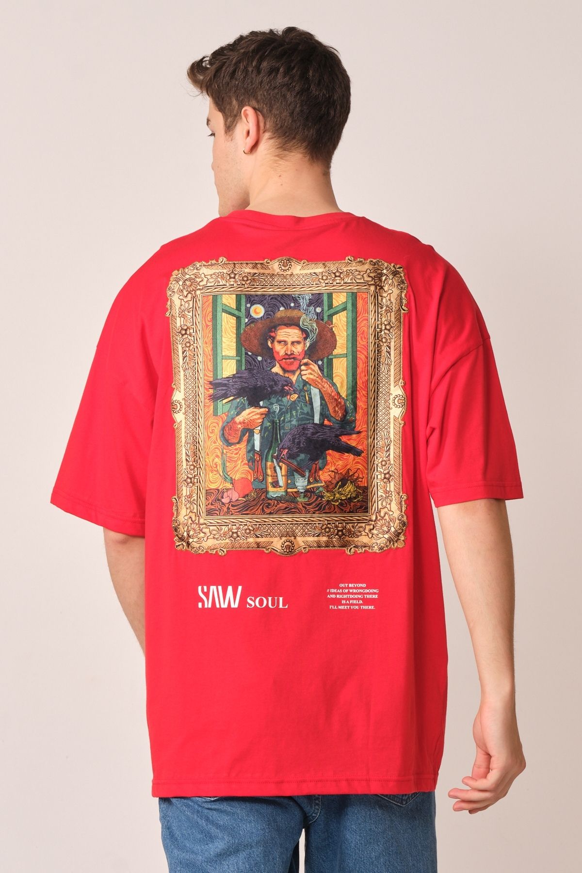 Chirkef Unisex Oversize 100% Pamuk Aplike Yama Sırt Baskılı Bisiklet Yaka Sokak Stili T-Shirt Van Gogh Smoke
