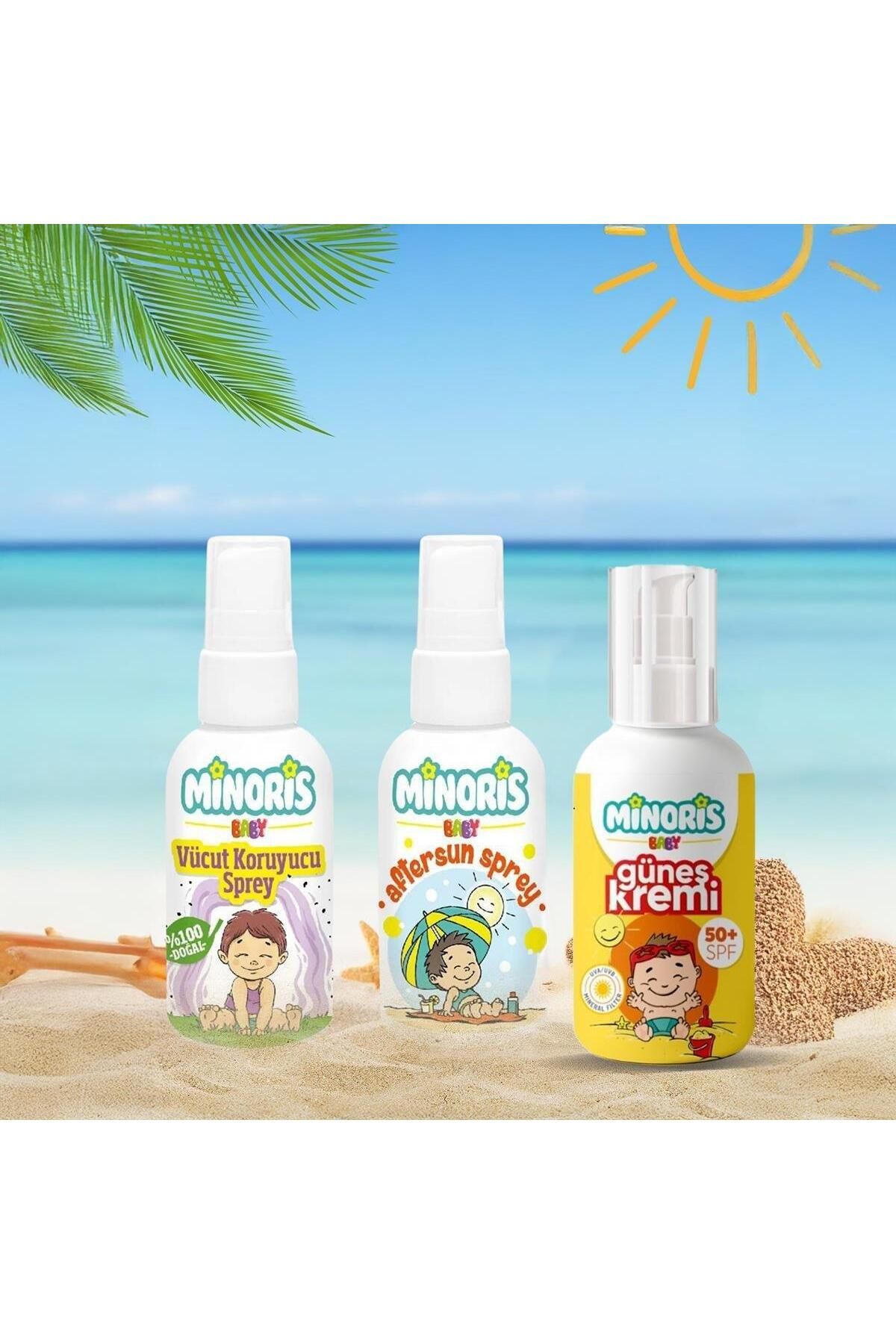 Minoris güneş kremi , vucut koruyucu ve nemlendirici sprey üçlü set