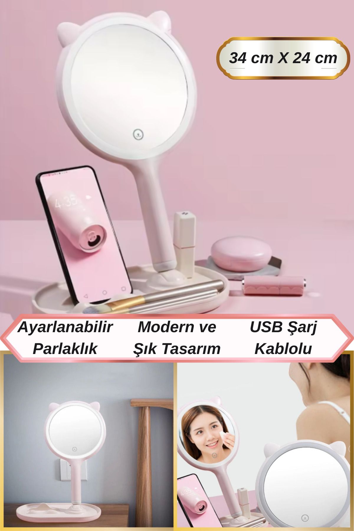 Hane Dostu Yüksek Çözünürlük Dokunmatik Led Işıklı | Telefon Standlı Makyaj Aynası