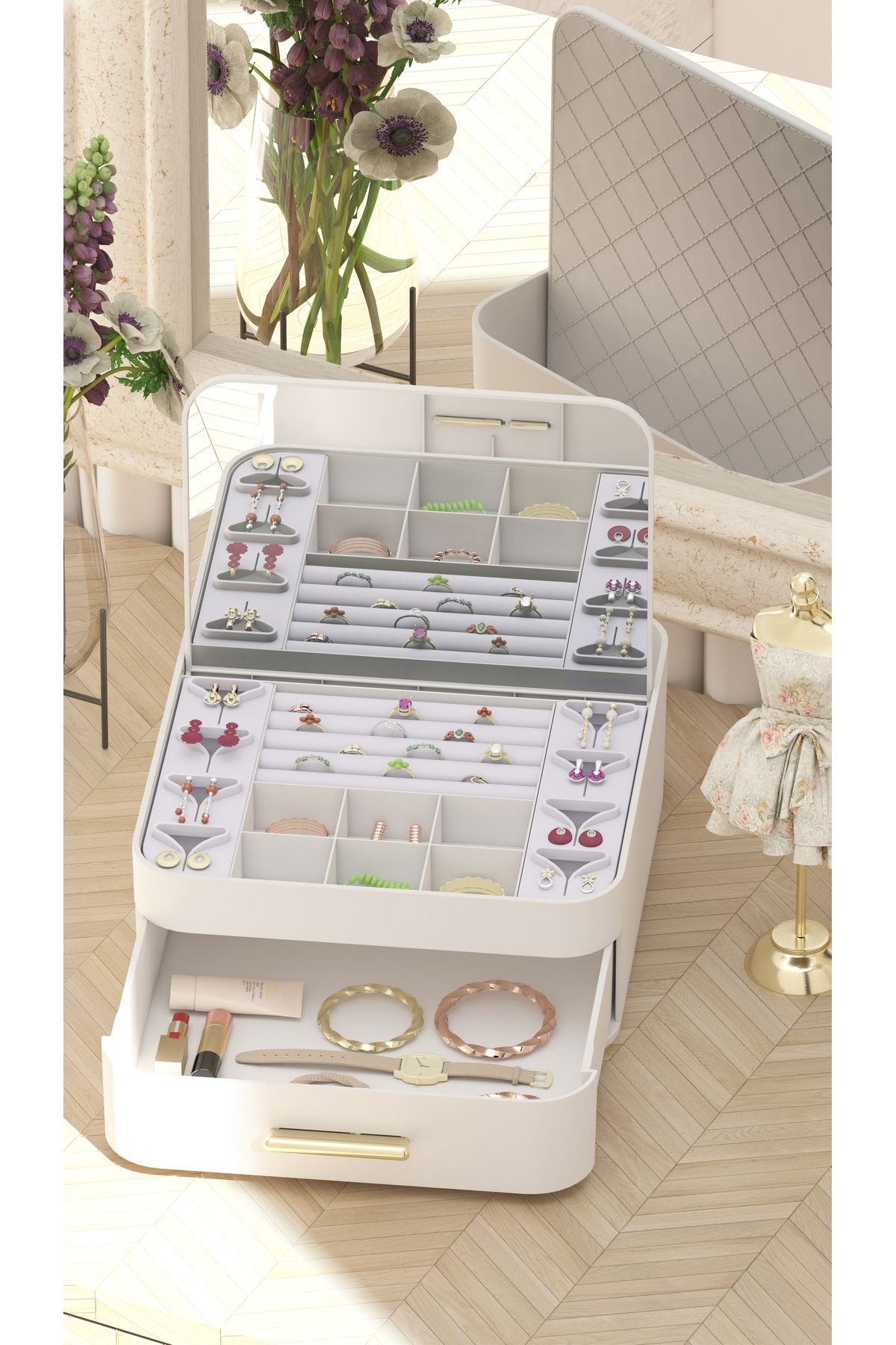 Myplas House By House Çekmeceli Aynalı Çok Bölmeli Makyaj Takı Organizer Krem