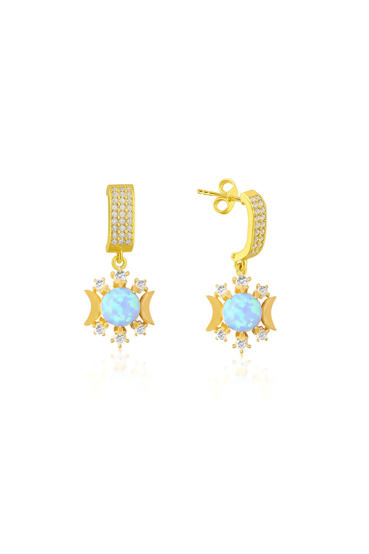 Silveranka 925 Ayar Gümüş Opal Taşlı Güneş Ay ve Yıldız Tasarım Küpe