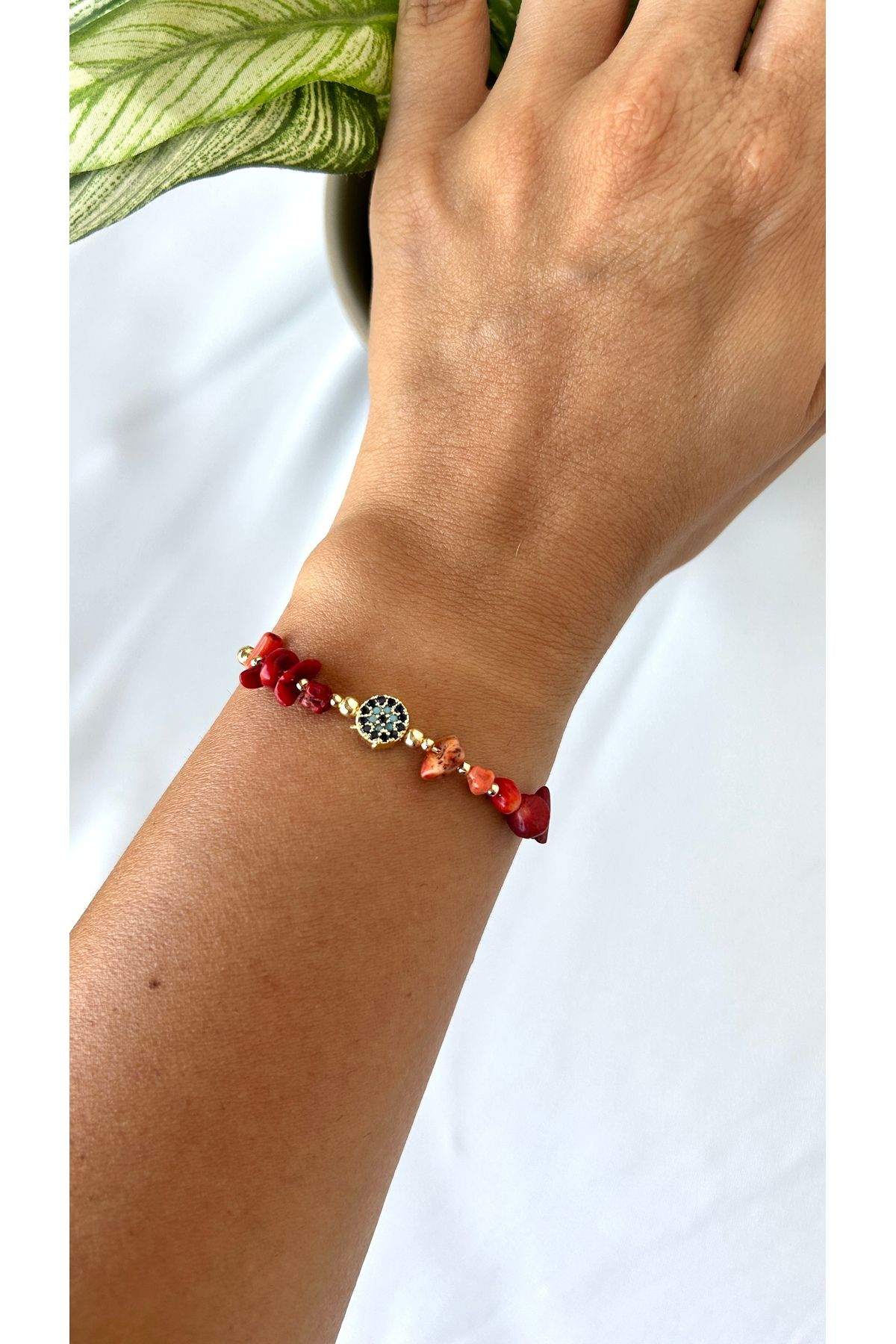Alvora Accessories Nazar Boncuklu Mercan Kırmızı Çakıl Taşı Paslanmaz Çelik Bileklik