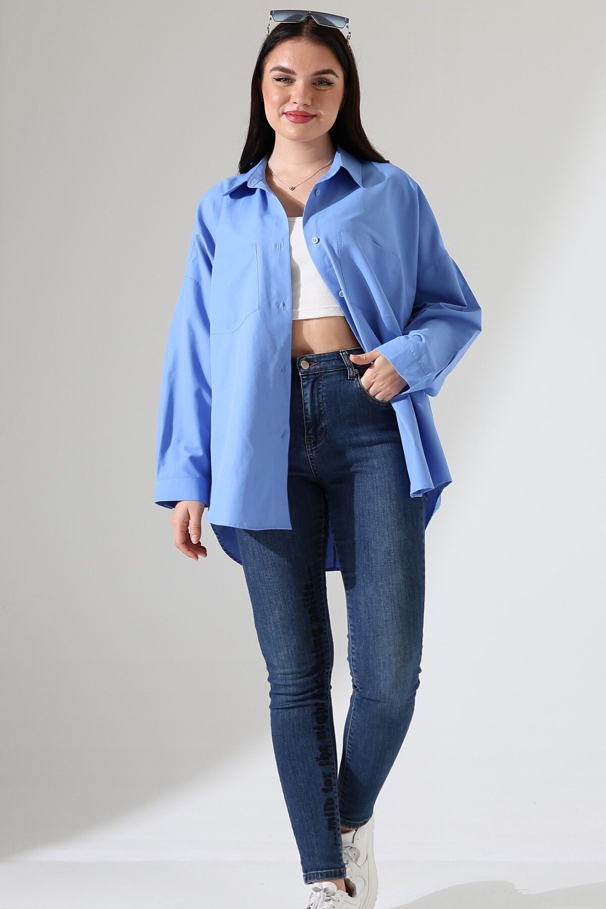 GÖMLEKÇİNİZ Oversize Poplin Kumaş Çift Cepli Kadın Tunik Gömlek