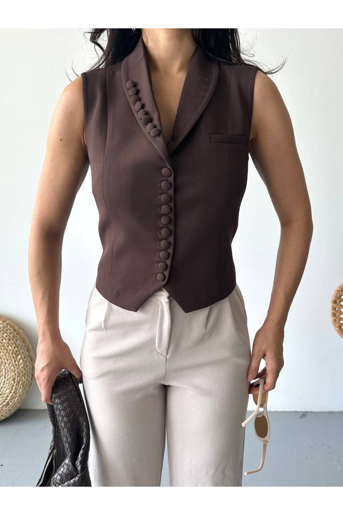 Kadın Blazer Yelek Ceket Kahverengi Düğme Detaylı - Görsel 5