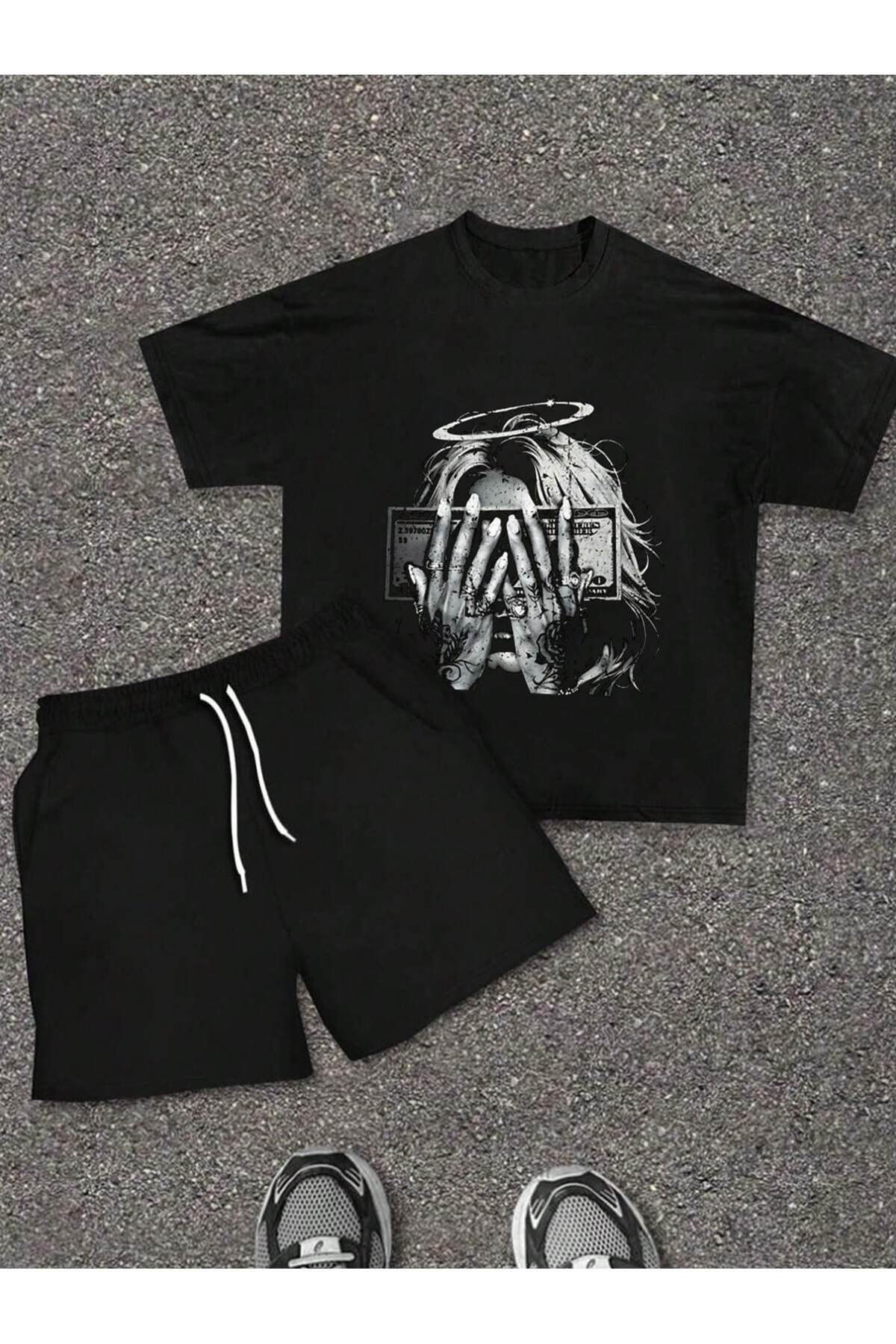 LOU MODA ERKEK PAMUKLU BASKILI Chinagr 23 TSHIRT-ŞORT TAKIMI 2Lİ OVERSİZE BÜYÜK BEDEN