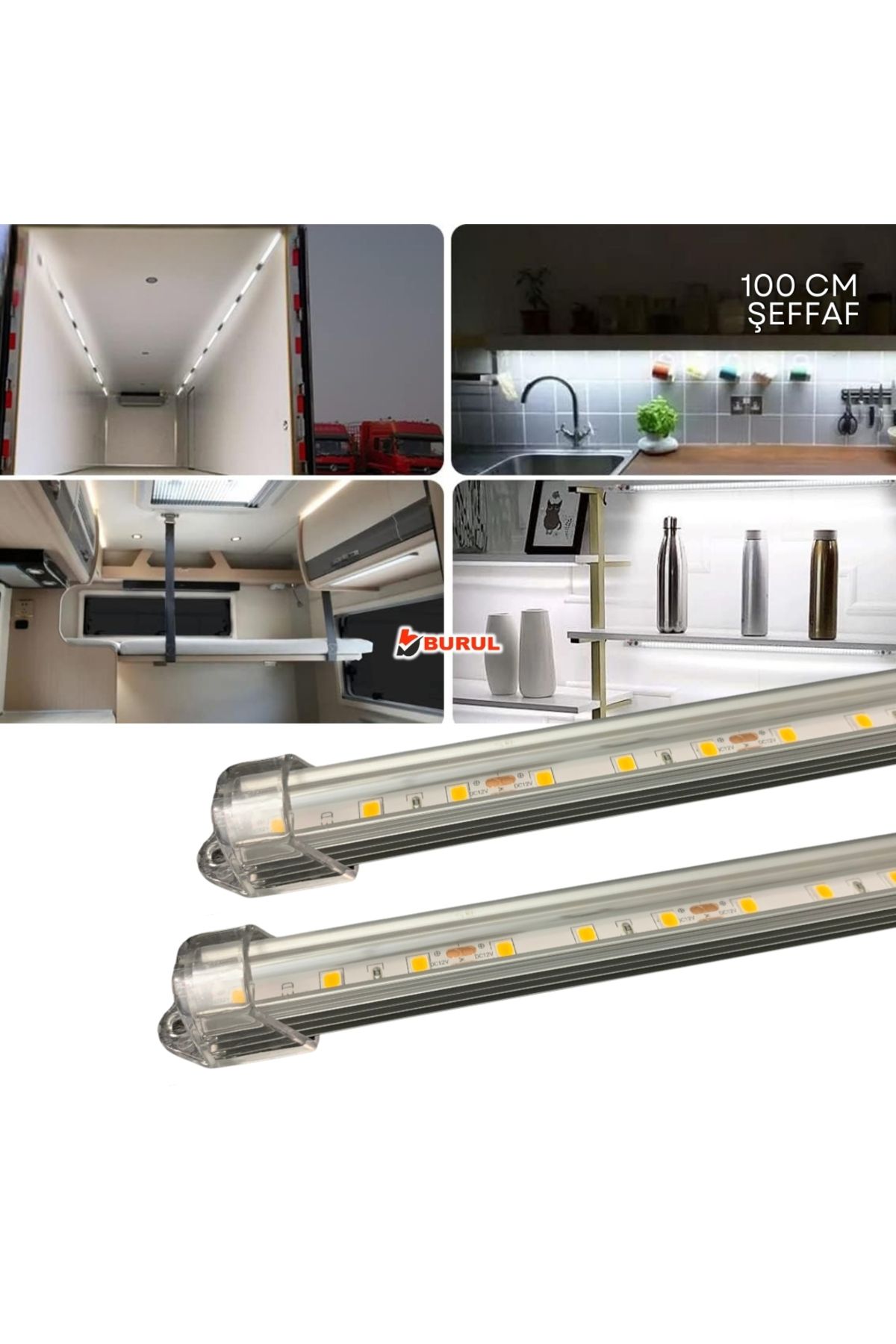 burul SB-6550 - 2 Adet Alüminyum Kasa Çubuk Led 12 Volt Beyaz Işık 100 Cm Şeffaf Karavan Tekne Otomobil