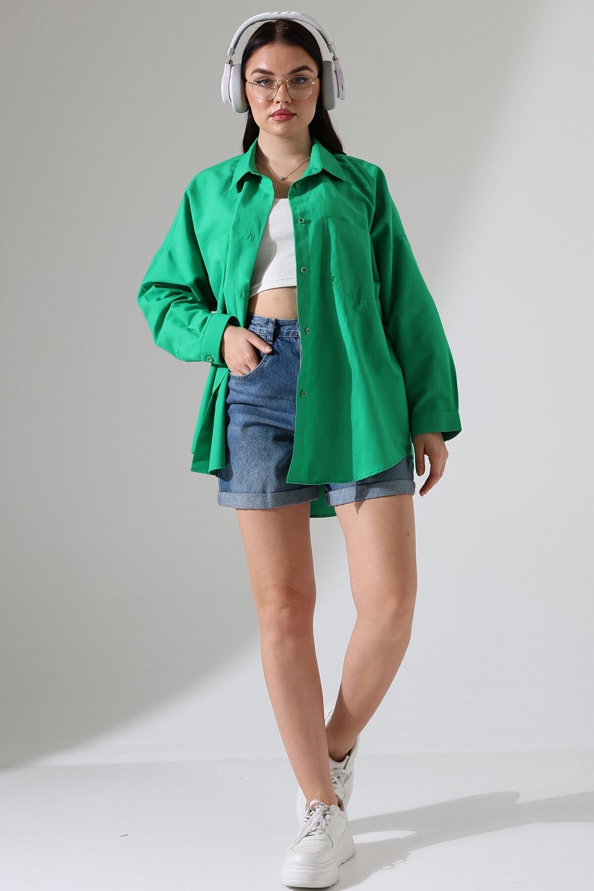 GÖMLEKÇİNİZ Oversize Poplin Kumaş Çift Cepli Kadın Tunik Gömlek
