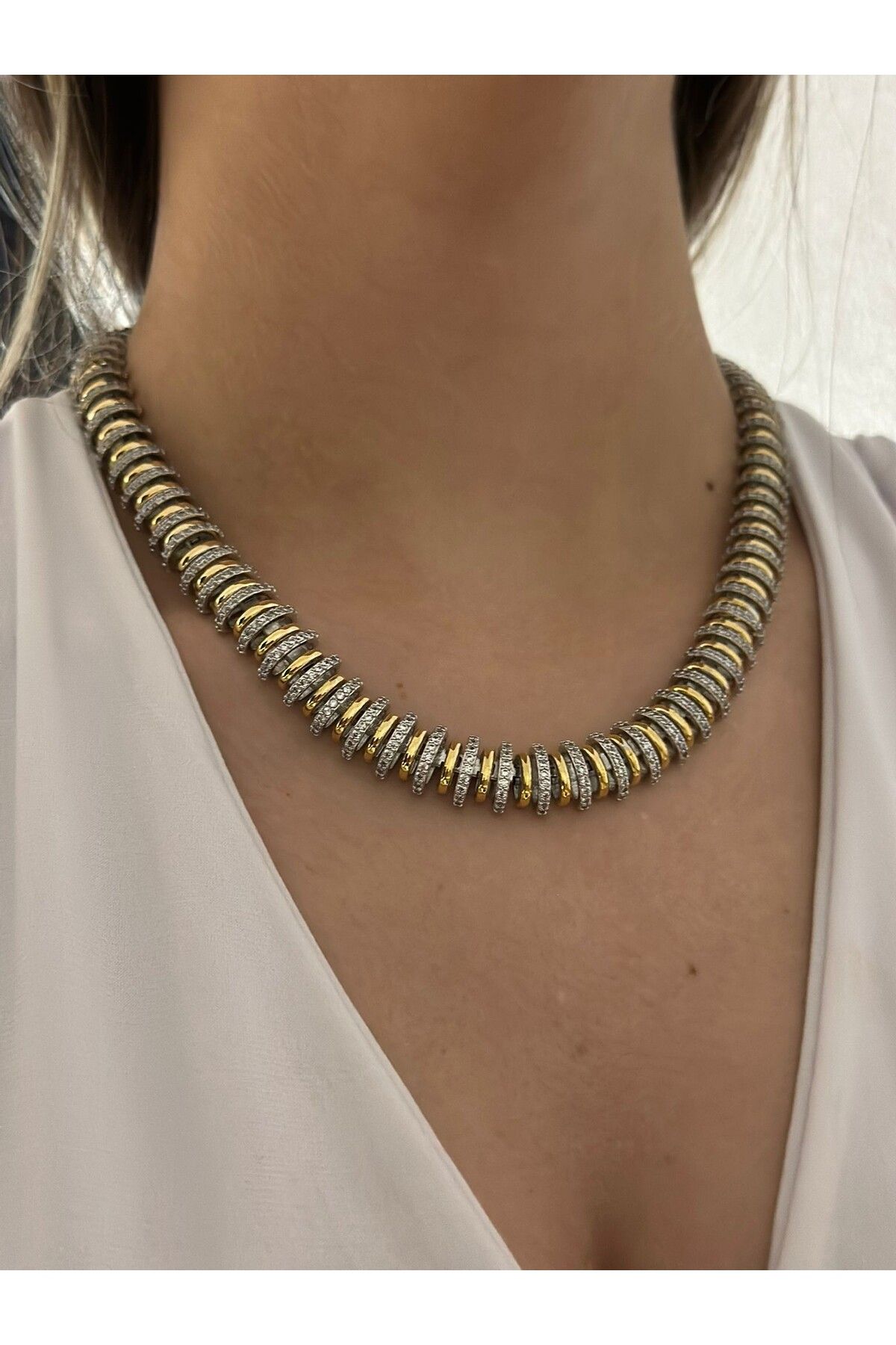 MyladyAccessoriess Çift Renk Zirkon Taş Detaylı Gümüş Kaplama Kolye